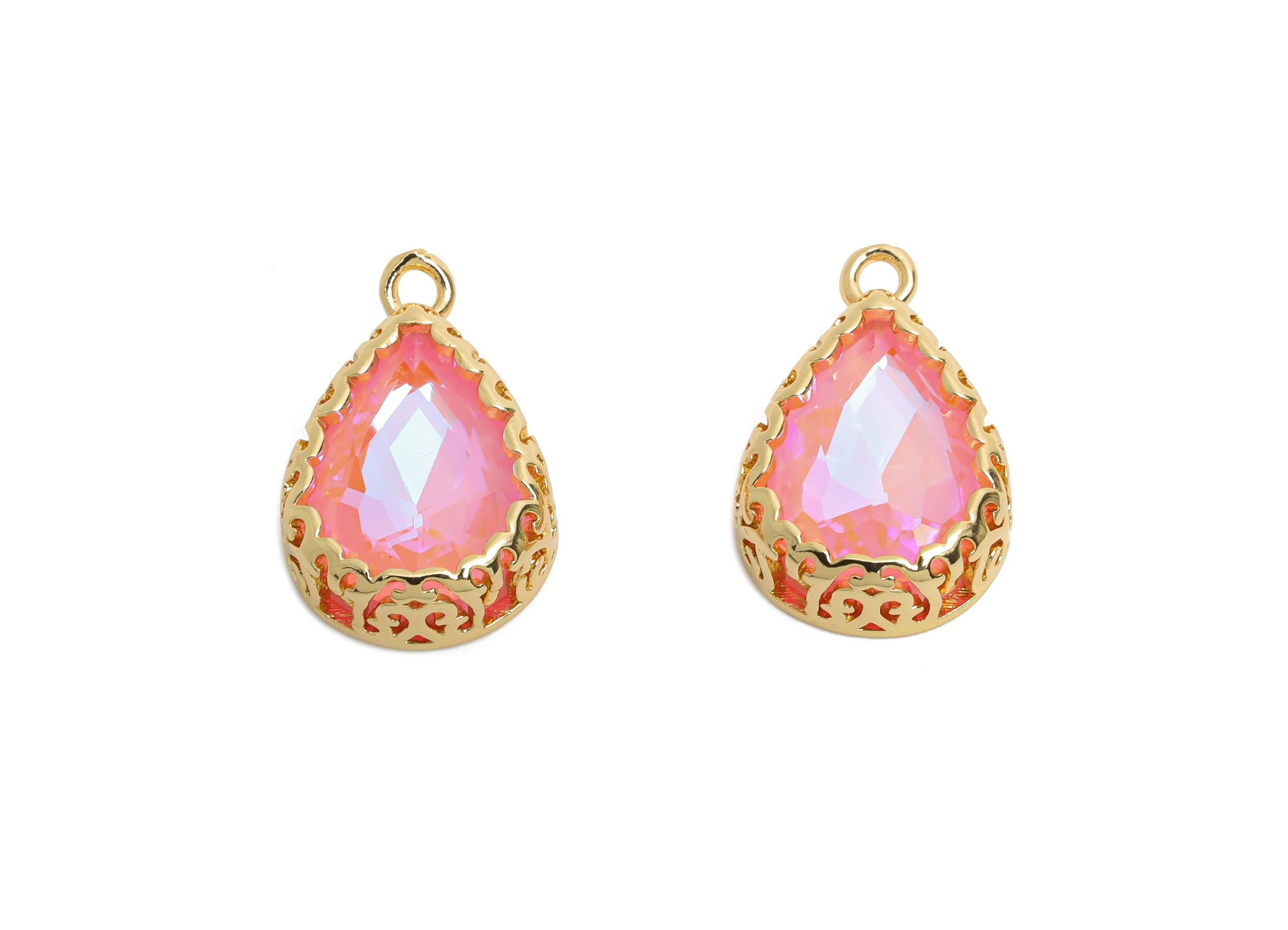 Brass Teardrop Crystal Charm - Pink Faceted Crystal Necklace Pendant - Drop Gold-Framed Jewelry DIY - KC Gold Plated - 20x12.6x5mm - GS1193 - DOMEDBAZAAR