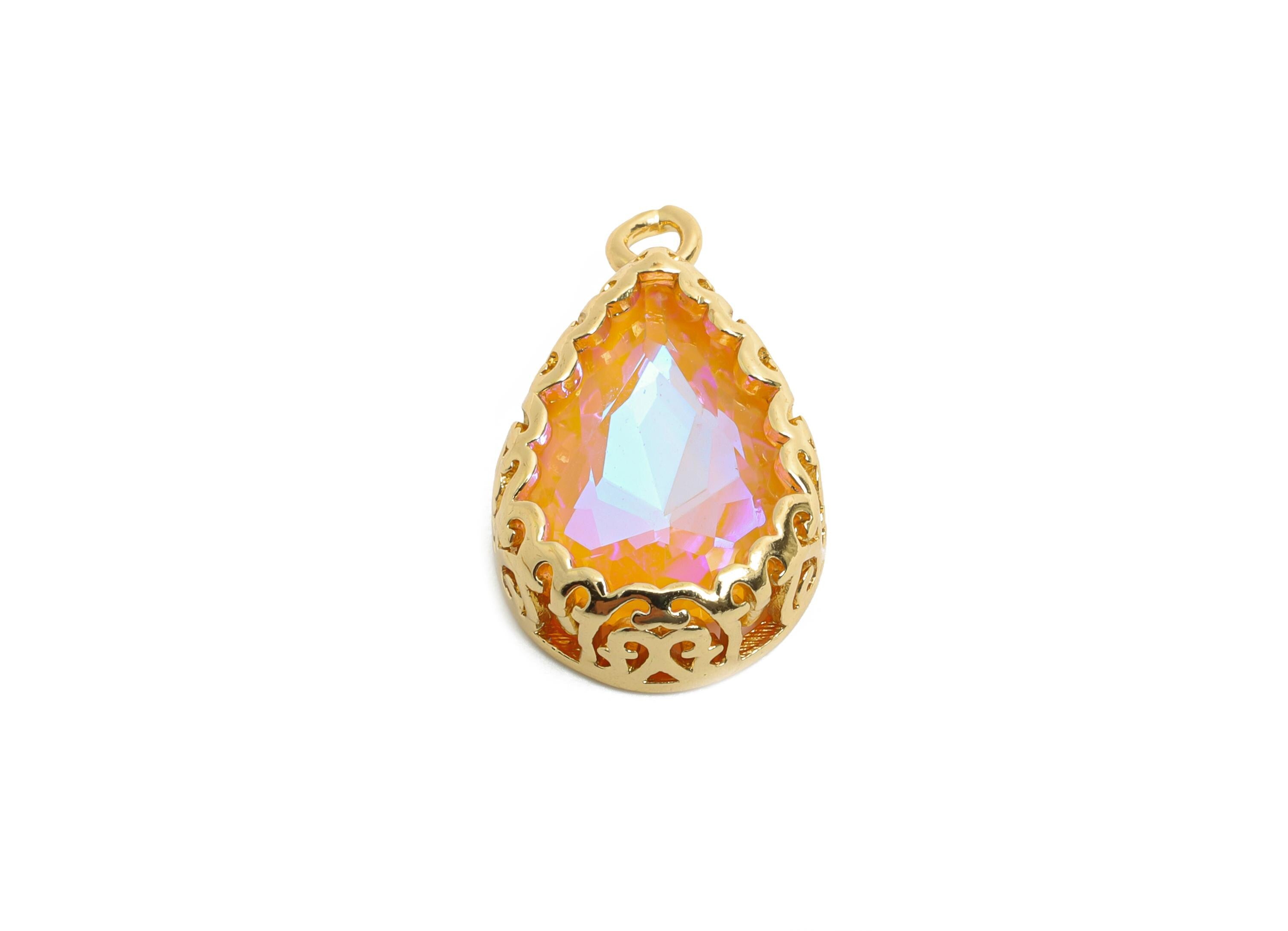 Brass Teardrop Crystal Charm - Orange Faceted Crystal Necklace Pendant - Drop Gold-Framed Jewelry DIY - KC Gold Plated - 20x12.6x5mm -GS1196 - DOMEDBAZAAR