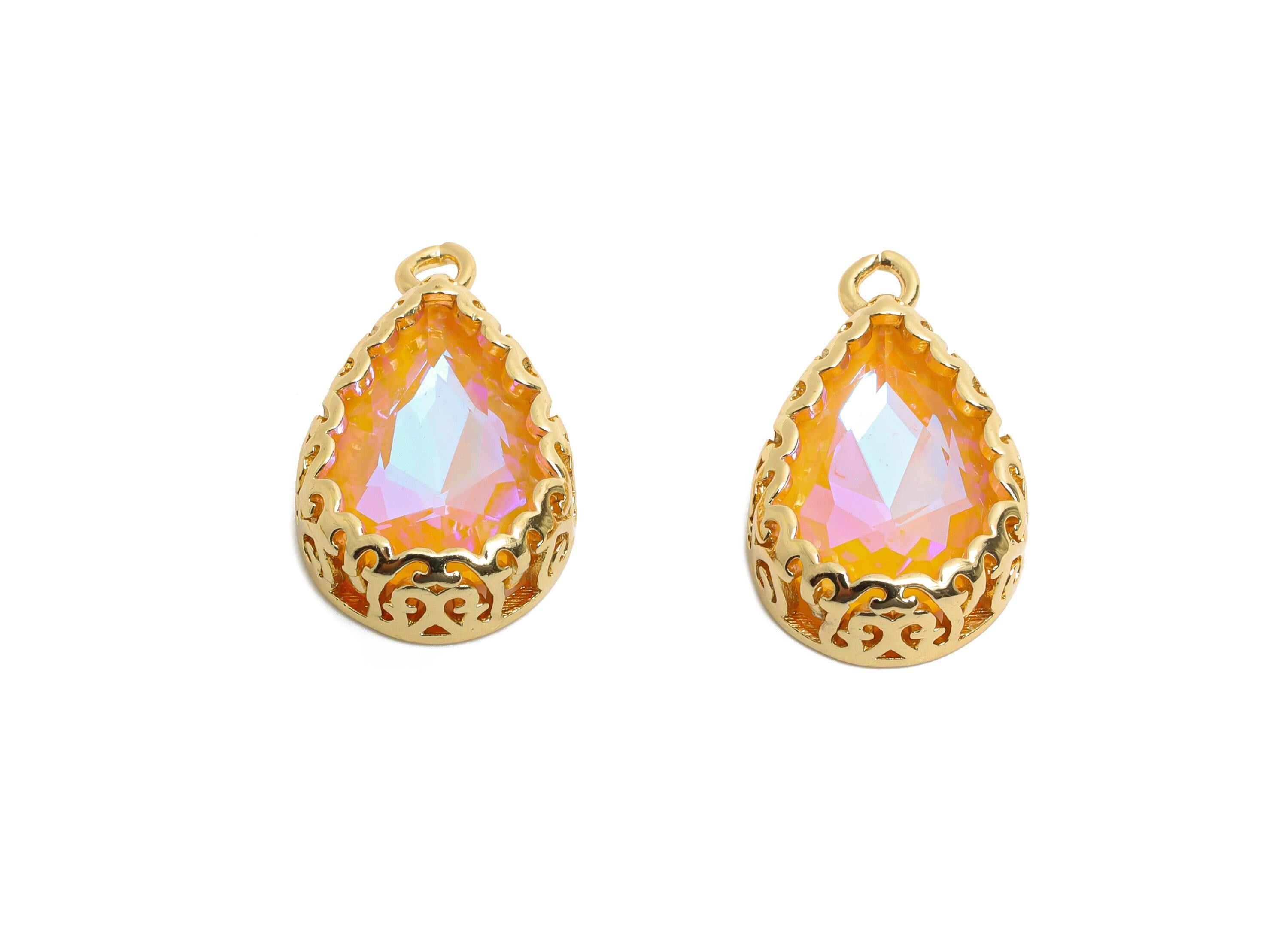 Brass Teardrop Crystal Charm - Orange Faceted Crystal Necklace Pendant - Drop Gold-Framed Jewelry DIY - KC Gold Plated - 20x12.6x5mm -GS1196 - DOMEDBAZAAR