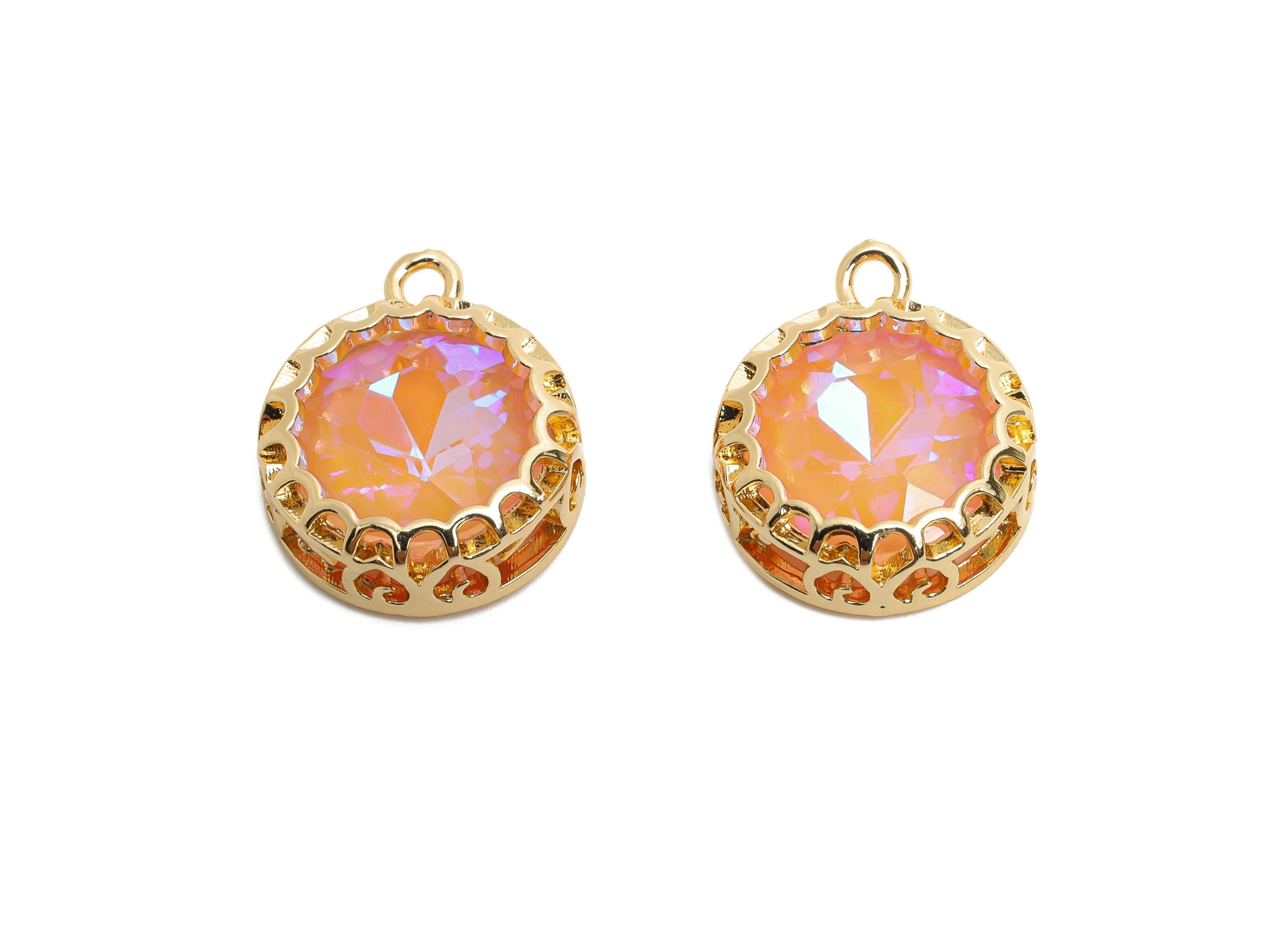 Brass Round Crystal Charms - Pink Faceted Crystal Necklace Pendant - Gold-Framed Jewelry DIY - KC Gold Plated - 17.36x14.2x5.82mm - GS1198 - DOMEDBAZAAR