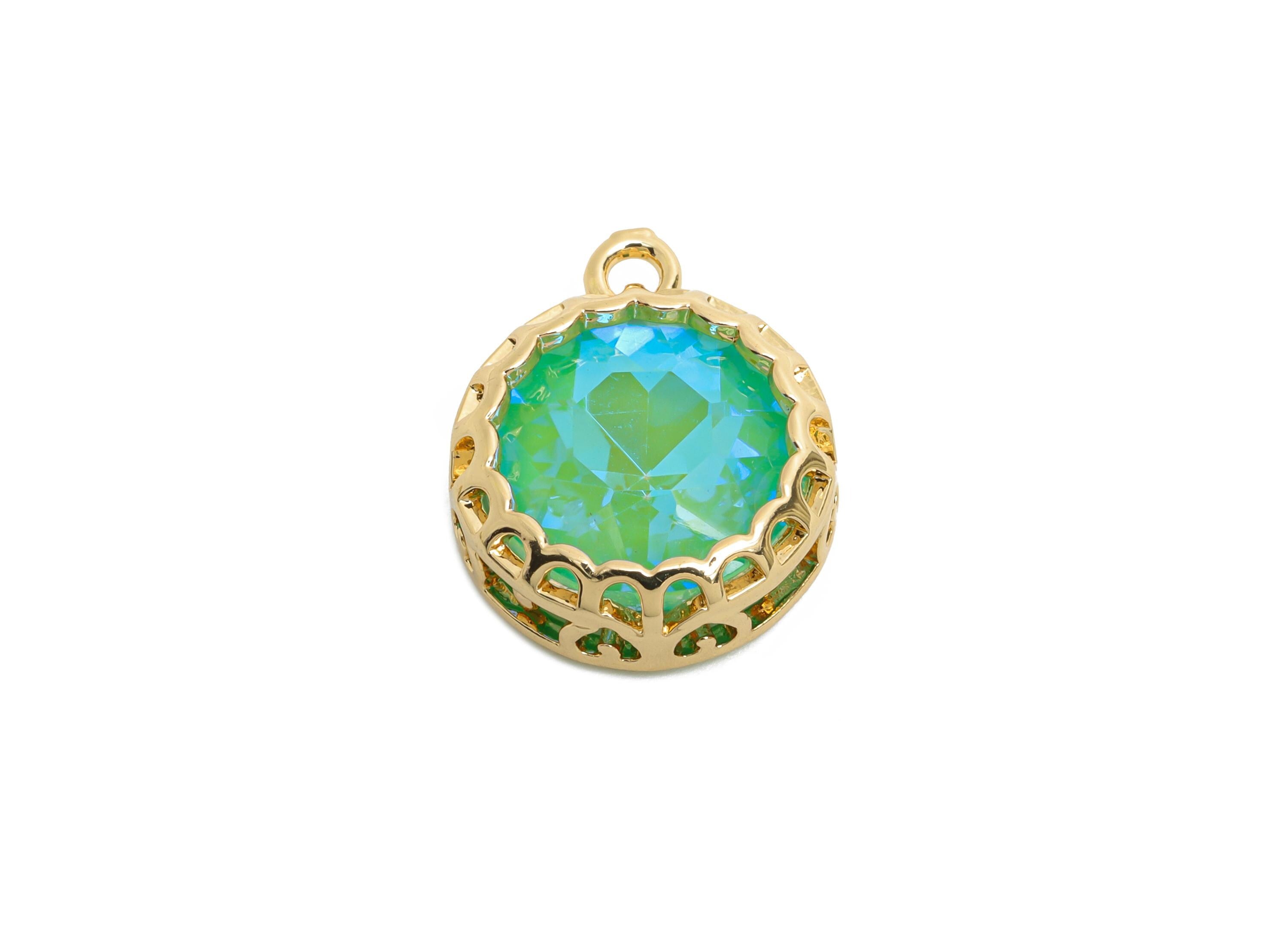 Brass Round Crystal Charms - Green Faceted Crystal Necklace Pendant - Sparkling Gold-Framed Jewelry - KC Gold Plated - 17x14x5.82mm - GS1200 - DOMEDBAZAAR