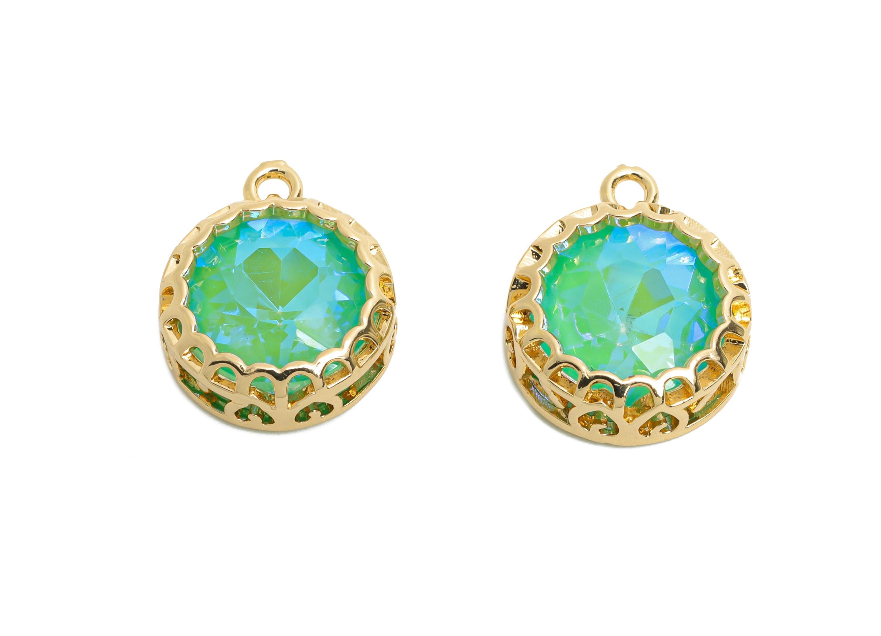 Brass Round Crystal Charms - Green Faceted Crystal Necklace Pendant - Sparkling Gold-Framed Jewelry - KC Gold Plated - 17x14x5.82mm - GS1200 - DOMEDBAZAAR