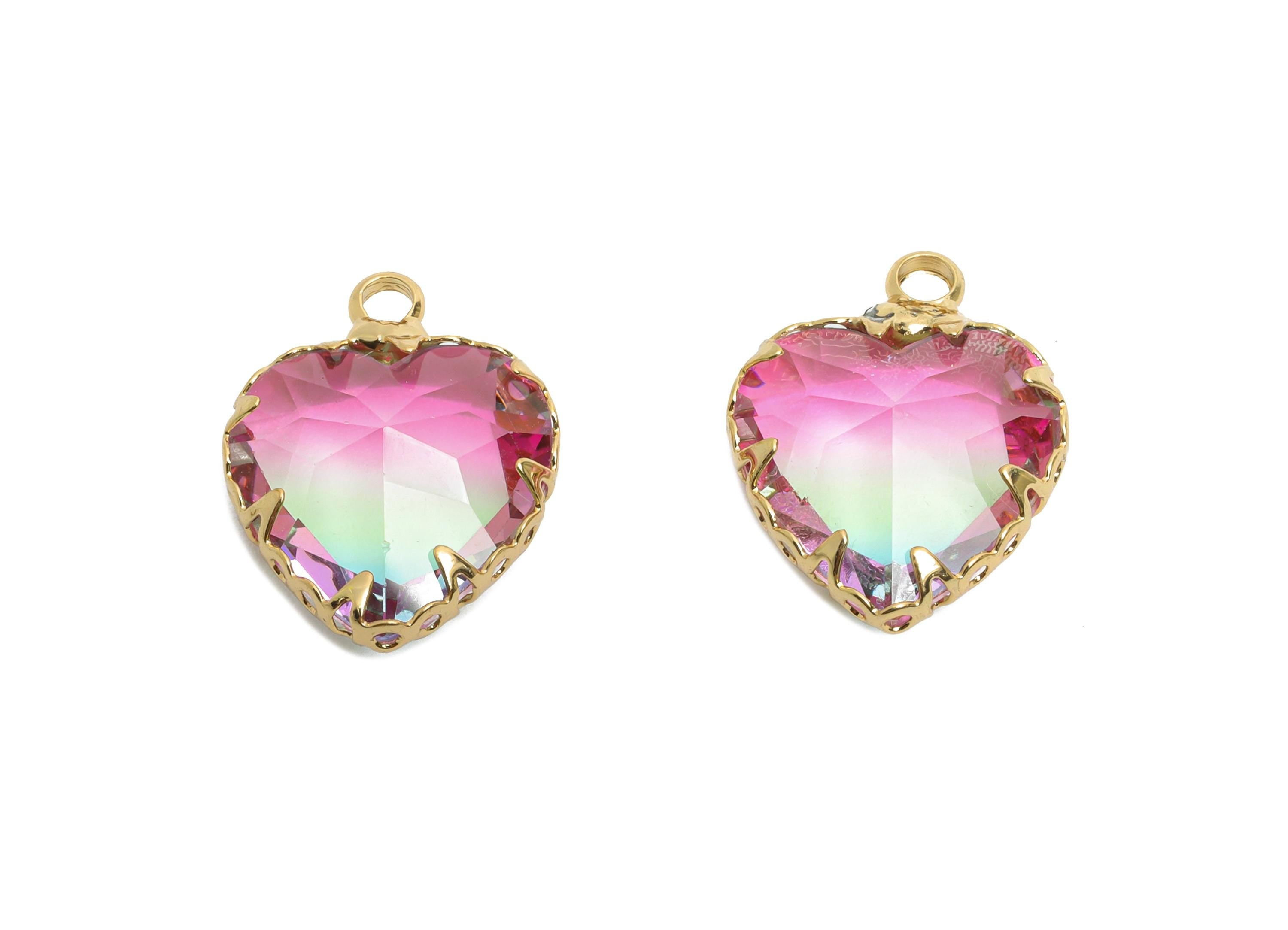 Brass Heart Crystal Bracelet Charm - Rainbow Faceted Crystal Necklace Pendant - Elegant Jewelry - KC Gold Plated - 15.6x12.5x5.6mm - GS1215 - DOMEDBAZAAR