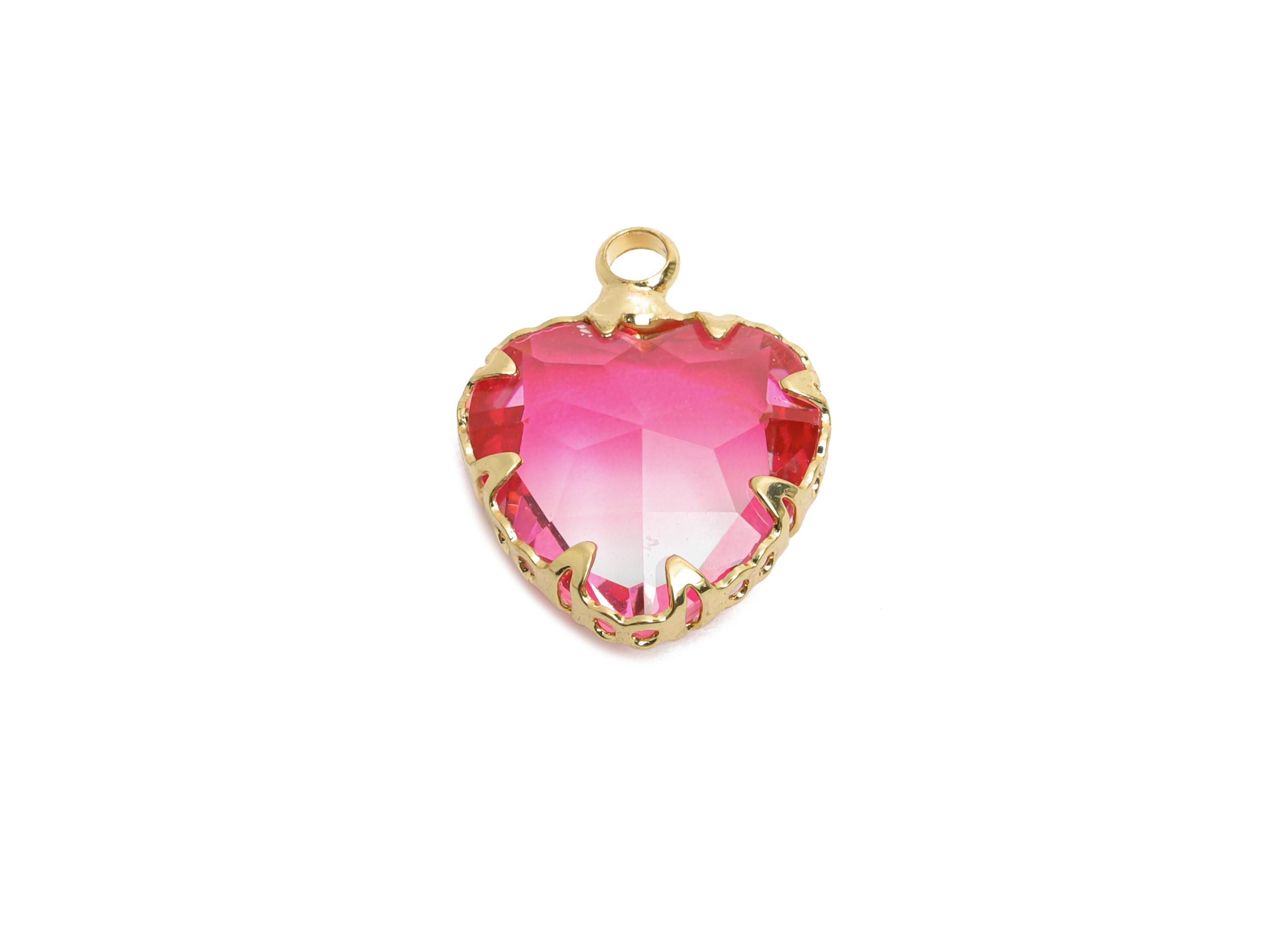Brass Heart Crystal Bracelet Charm - Luxury Pink Faceted Crystal Pendant - Romantic Heart Jewelry Accent - KC Gold Plated - 15x12x5mm-GS1217 - DOMEDBAZAAR