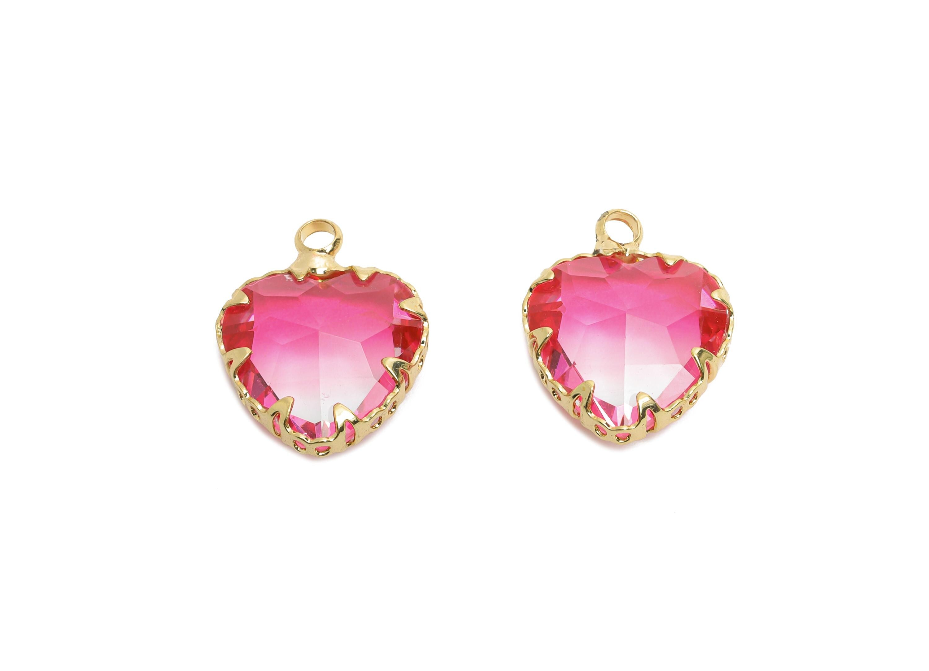 Brass Heart Crystal Bracelet Charm - Luxury Pink Faceted Crystal Pendant - Romantic Heart Jewelry Accent - KC Gold Plated - 15x12x5mm-GS1217 - DOMEDBAZAAR
