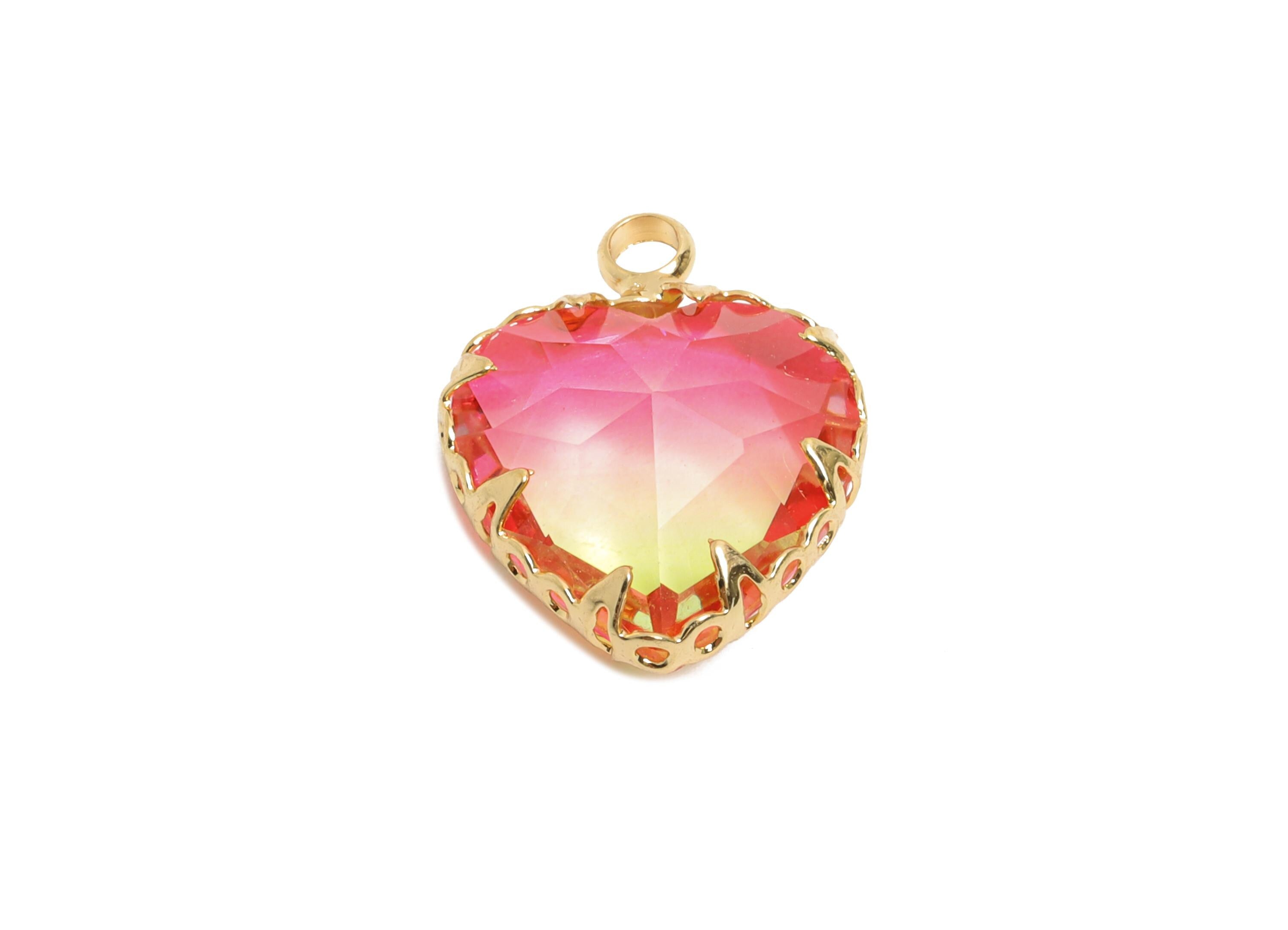 Brass Heart Crystal Bracelet Charm - Sparking Luxury Faceted Crystal Pendant - Romantic Heart Jewelry - KC Gold Plated - 15x12x5mm - GS1213 - DOMEDBAZAAR