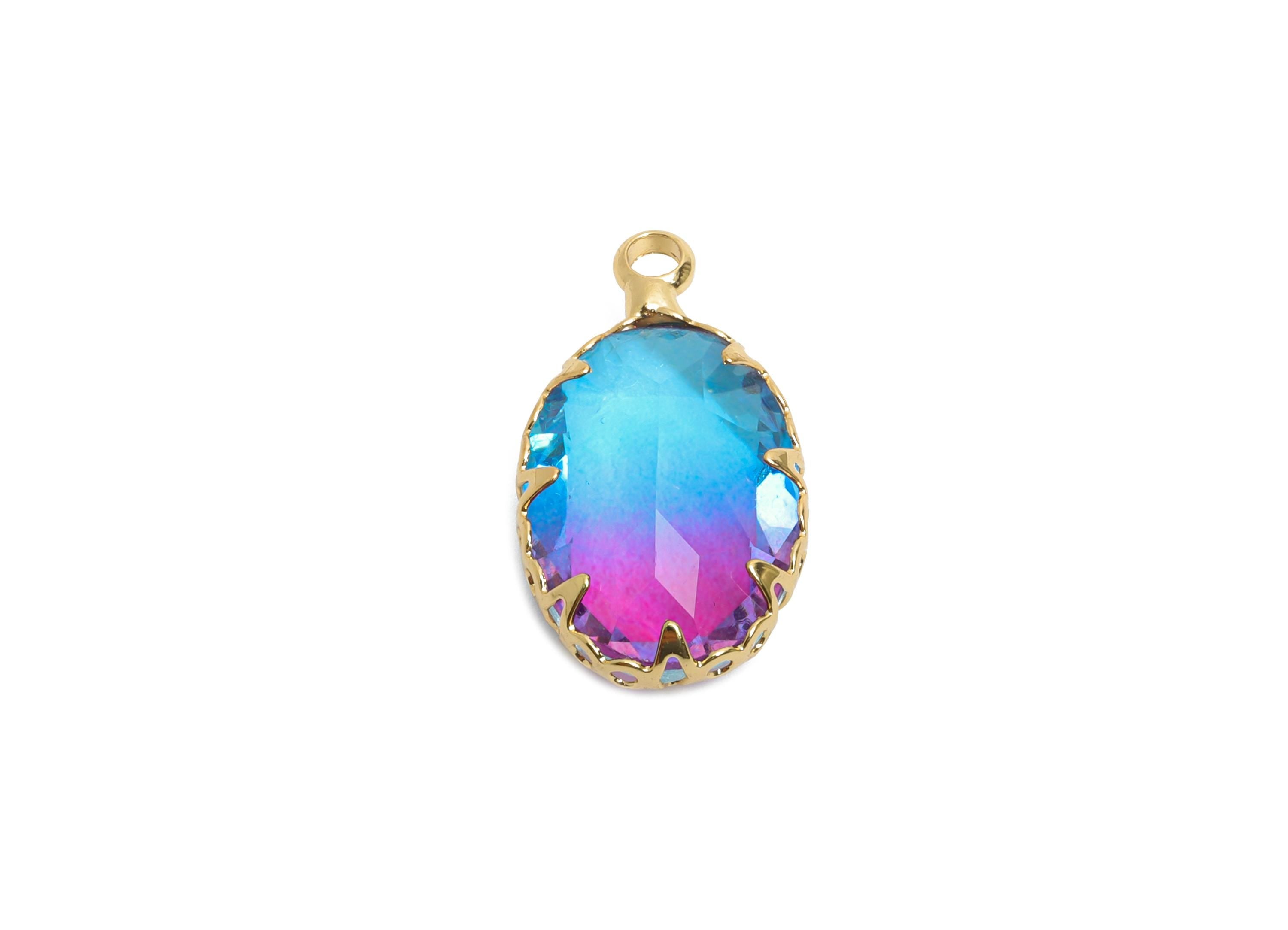 Brass Oval Crystal Charm - Blue and Pink Gradient Pendant - Sparking Lustrous Crystal Focal Charm - KC Gold Plated - 18x10.58x5mm - GS1255 - DOMEDBAZAAR