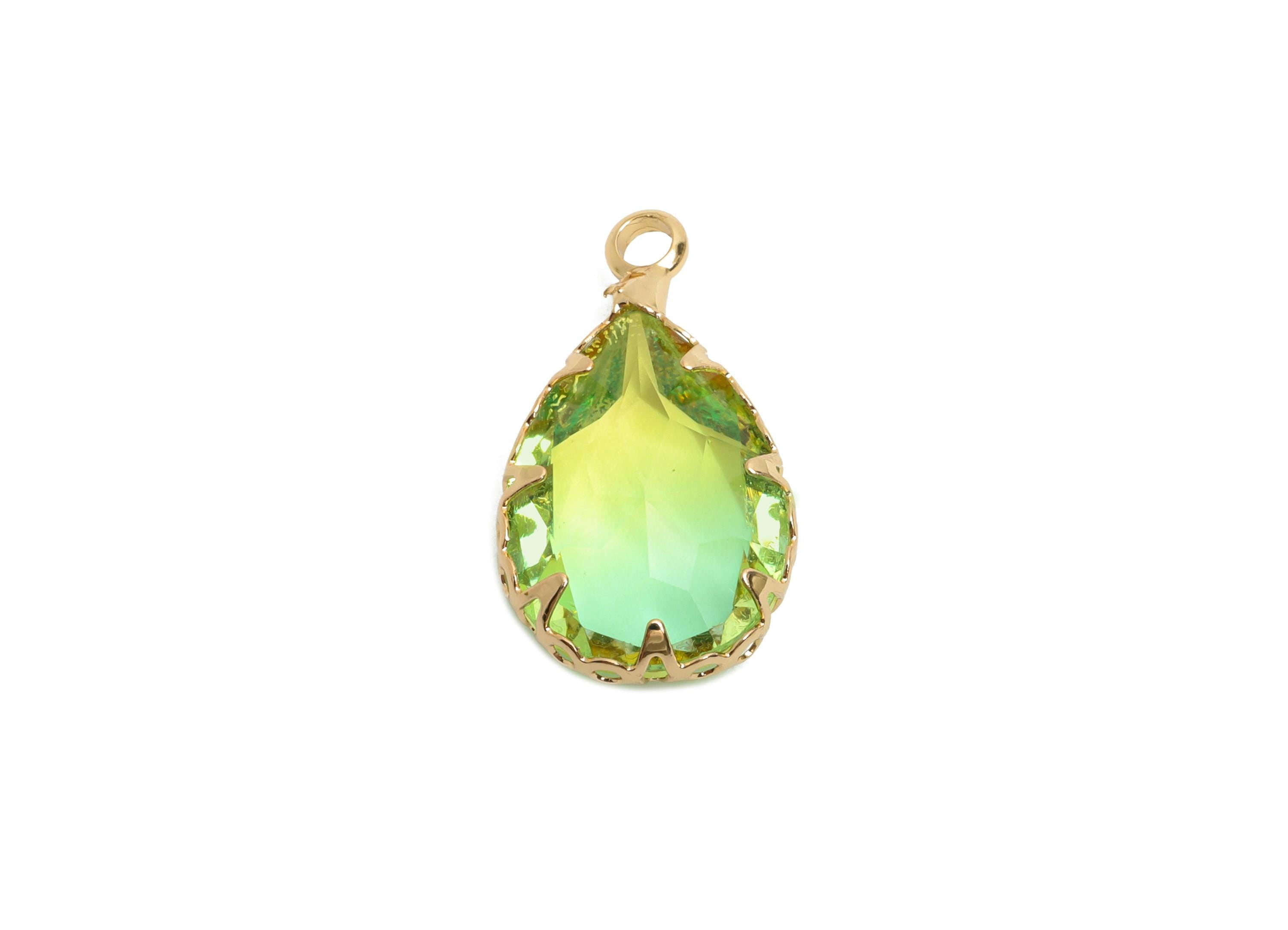 Teardrop Gemstone Pendant - Brass Green Crystal Charm - Teardrop Cut Crystal Pendant - Radiant Jewelry - KC Gold Plated - 16x10x5mm - GS1273 - DOMEDBAZAAR