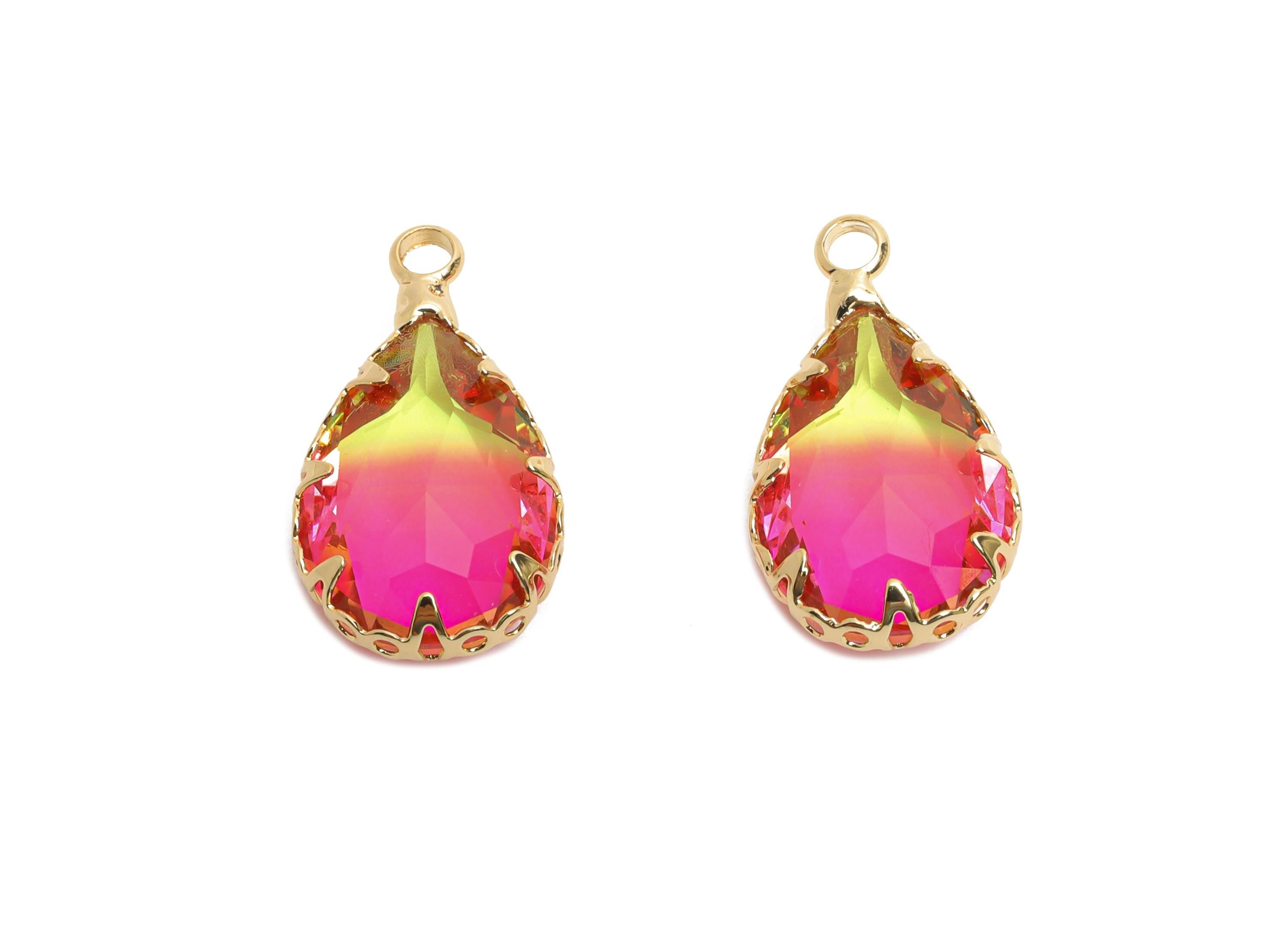 Teardrop Gemstone Pendant - Brass Rainbow Crystal Charm - Teardrop Cut Crystal Pendant - Radiant Jewelry - KC Gold Plated - 16x10x5mm-GS1270 - DOMEDBAZAAR