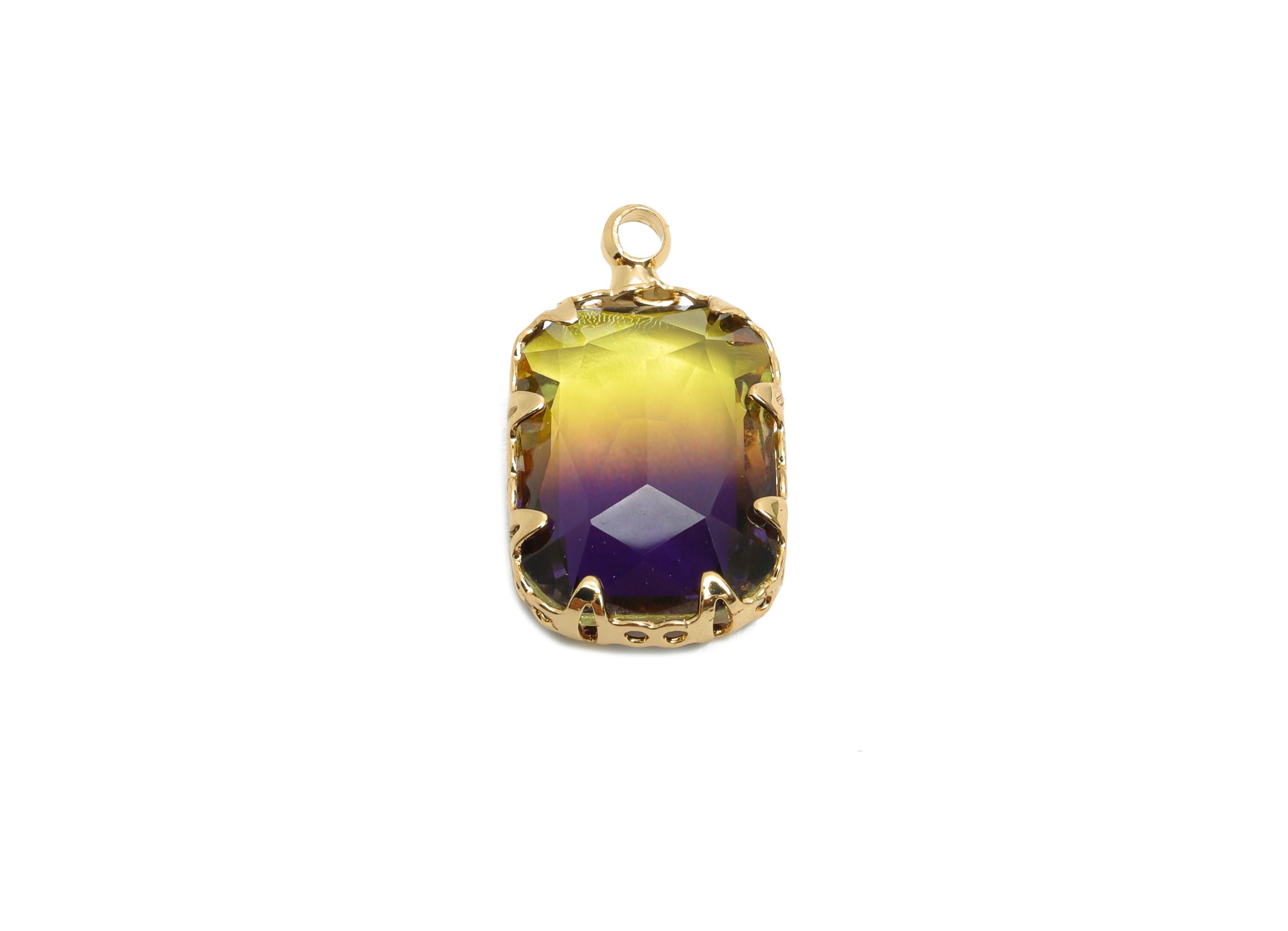 Faceted Rectangular Crystal Charm - Brass Colorful Pendant - Glass Elegant Geometry Jewelry - KC Gold Tone Plated - 19x11x5.45mm - GS1230 - DOMEDBAZAAR