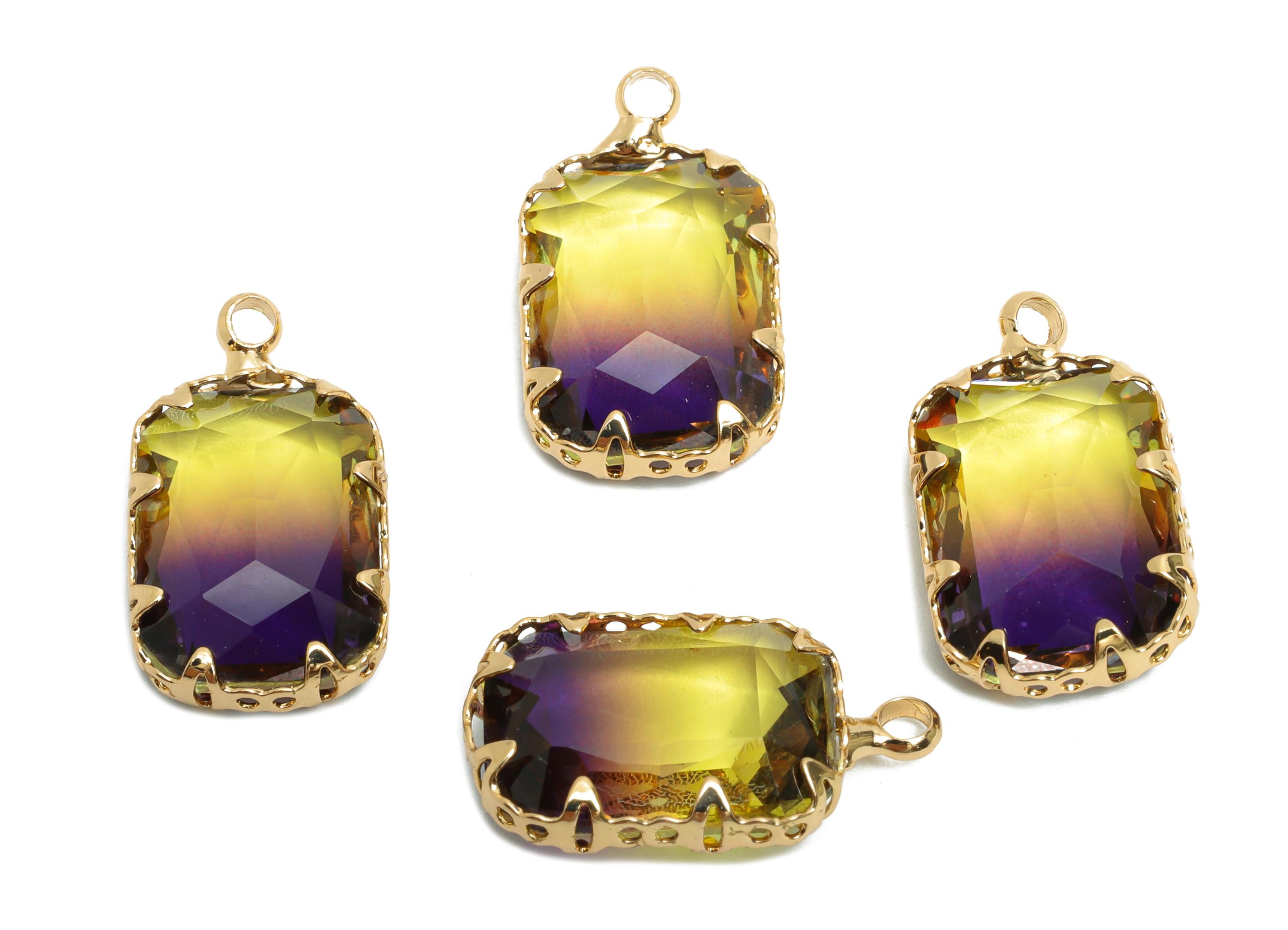 Faceted Rectangular Crystal Charm - Brass Colorful Pendant - Glass Elegant Geometry Jewelry - KC Gold Tone Plated - 19x11x5.45mm - GS1230 - DOMEDBAZAAR