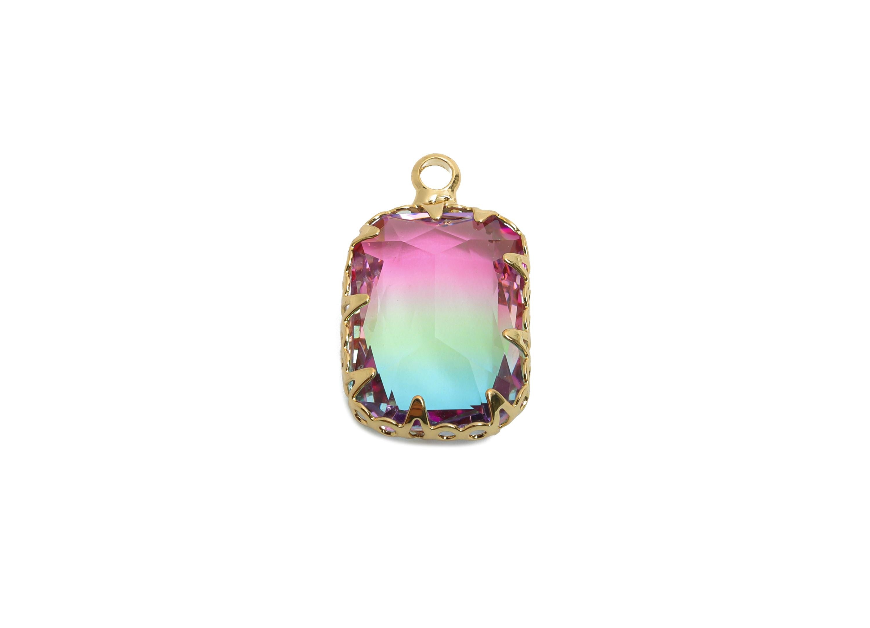 Faceted Rectangular Sparking Charm - Artisan Multicolor Crystal Pendant - Elegant Geometry Jewelry - KC Gold Tone Plated - 19x11x5mm -GS1233 - DOMEDBAZAAR