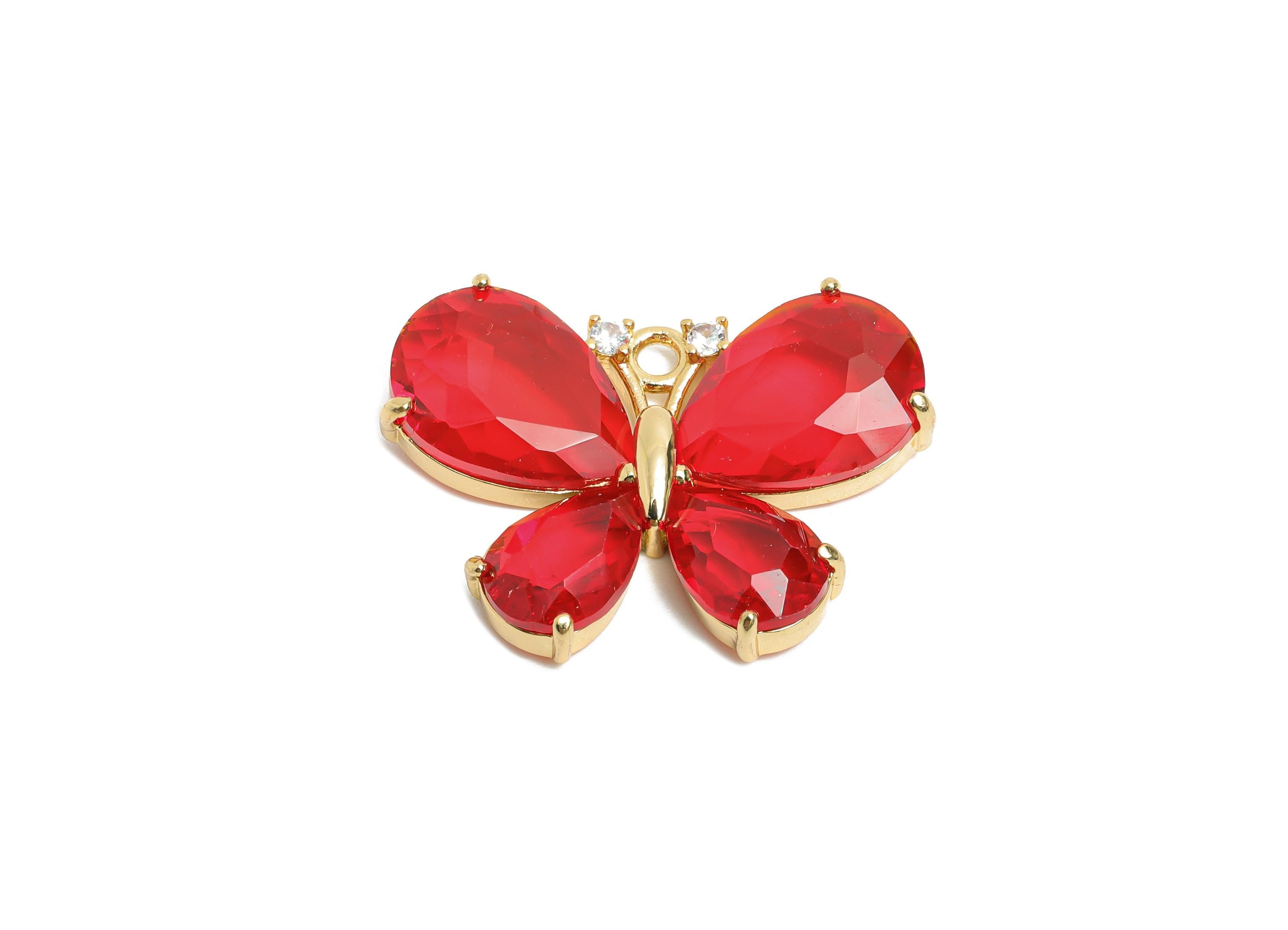 Brass Crystal Butterfly Pendant - Red Zircon Butterfly Necklace Pendant - Sparkling Jewelry DIY - KC Gold Plated - 28.77x19.73x5mm - GS1208 - DOMEDBAZAAR