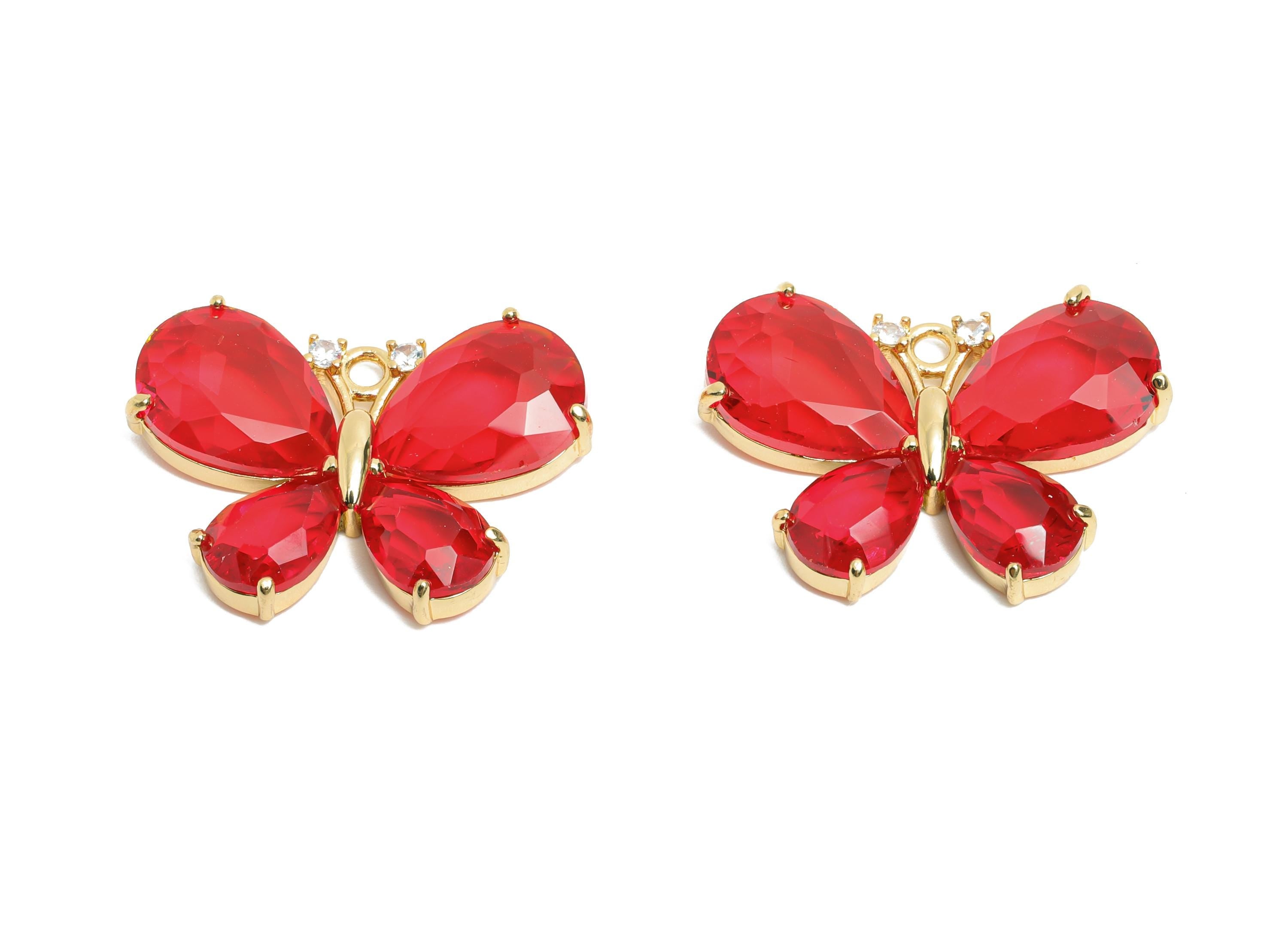 Brass Crystal Butterfly Pendant - Red Zircon Butterfly Necklace Pendant - Sparkling Jewelry DIY - KC Gold Plated - 28.77x19.73x5mm - GS1208 - DOMEDBAZAAR