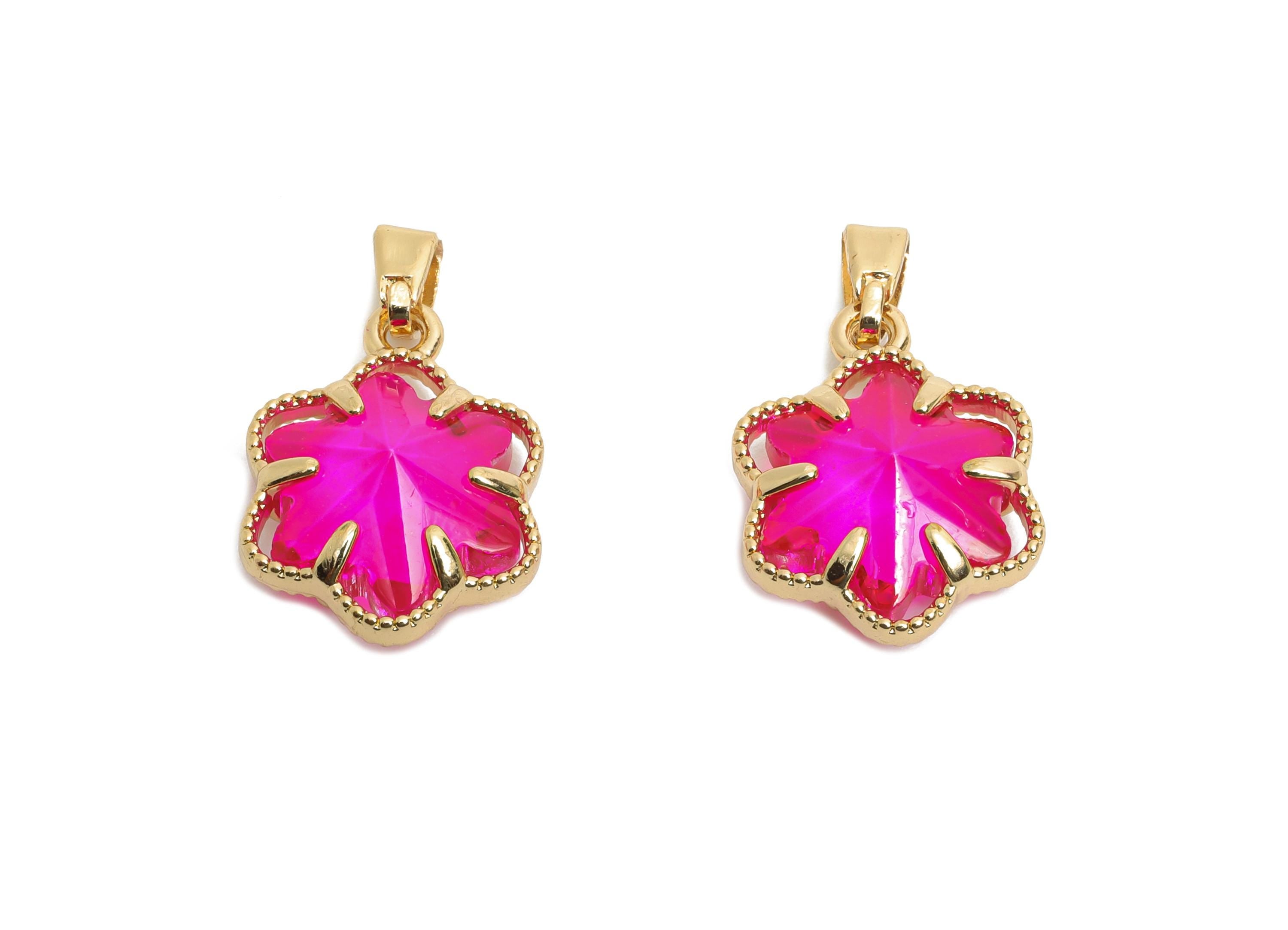 Crystal Flower Pendant - Brass Romantic Flower Pendant - For Necklace - Nature Jewelry Accessory - KC Gold Plated - 16.84x13x5.63mm - GS1170 - DOMEDBAZAAR