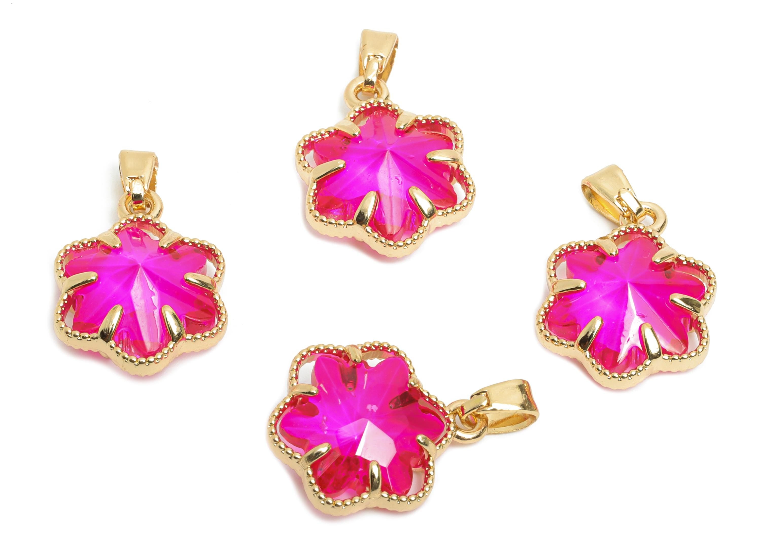 Crystal Flower Pendant - Brass Romantic Flower Pendant - For Necklace - Nature Jewelry Accessory - KC Gold Plated - 16.84x13x5.63mm - GS1170 - DOMEDBAZAAR