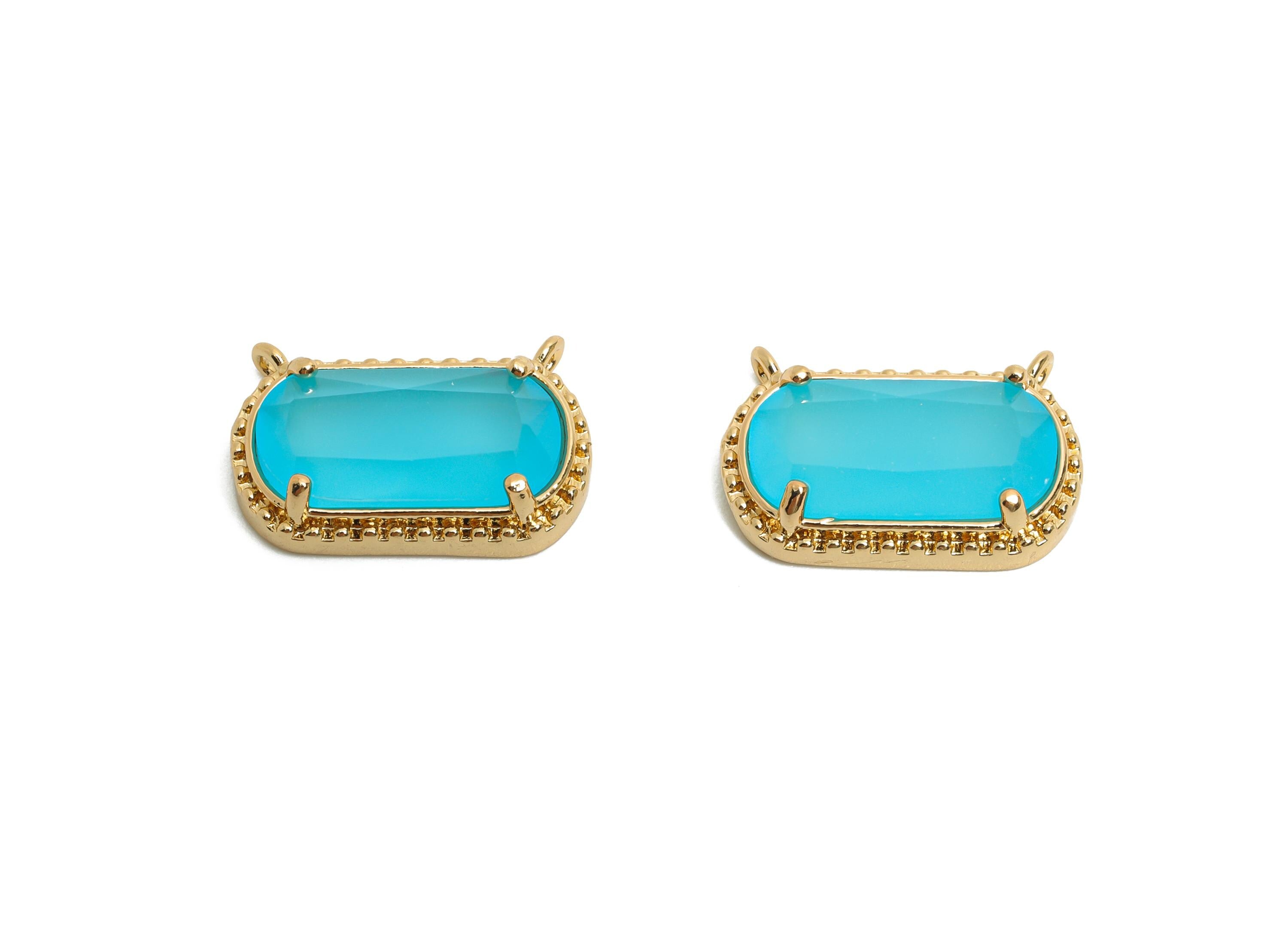 Brass Crystal Oval Pendant - Dainty Sparkling Blue Charm - Modern Oval Rectangular Stone Pendant - KC Gold Tone Plated - 16x11x4mm - GS1294 - DOMEDBAZAAR