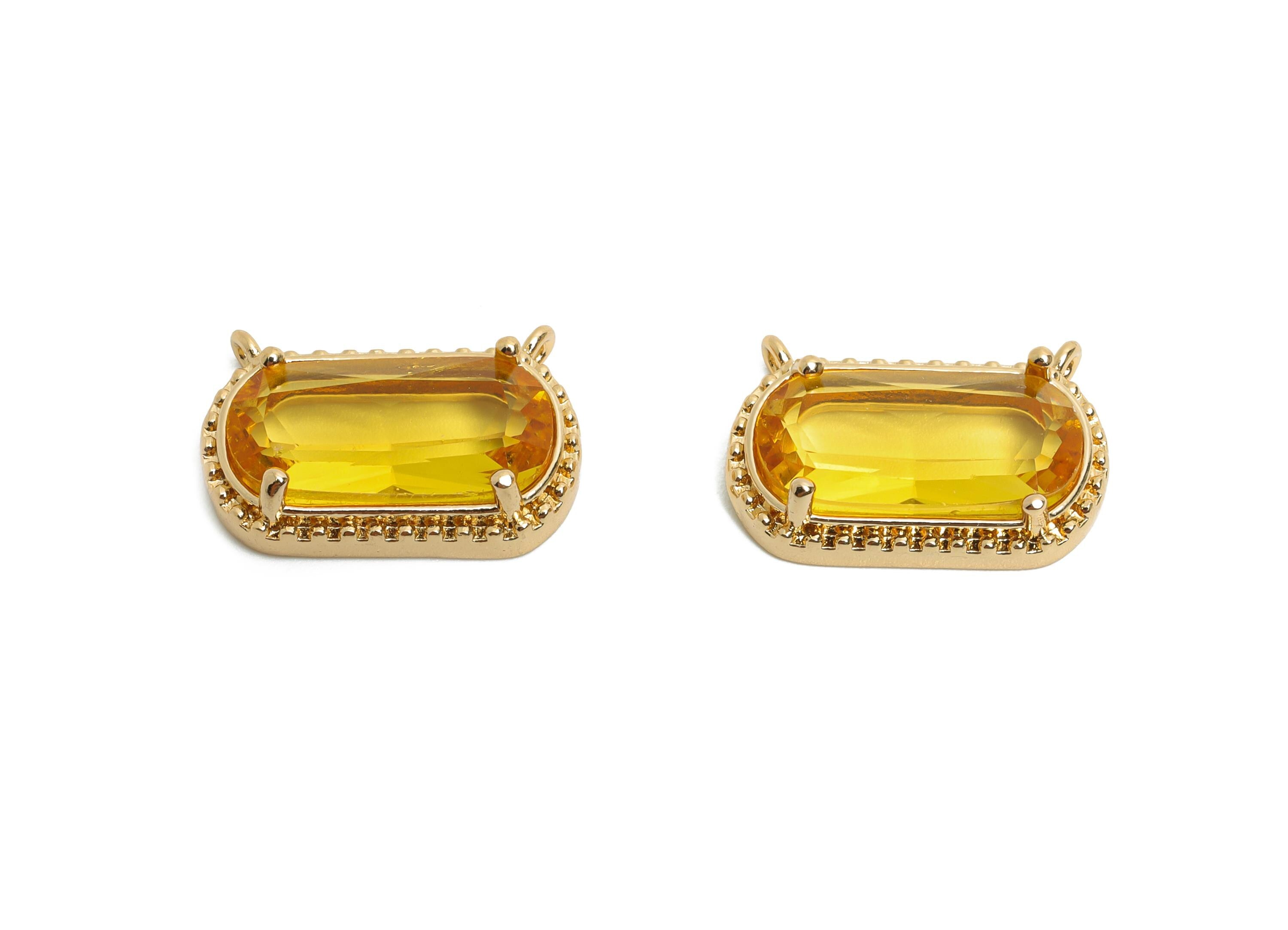 Brass Crystal Oval Pendant - Dainty Sparkling Yellow Charm - Modern Oval Rectangular Stone Pendant - KC Gold Tone Plated - 16x11x4mm -GS1290 - DOMEDBAZAAR