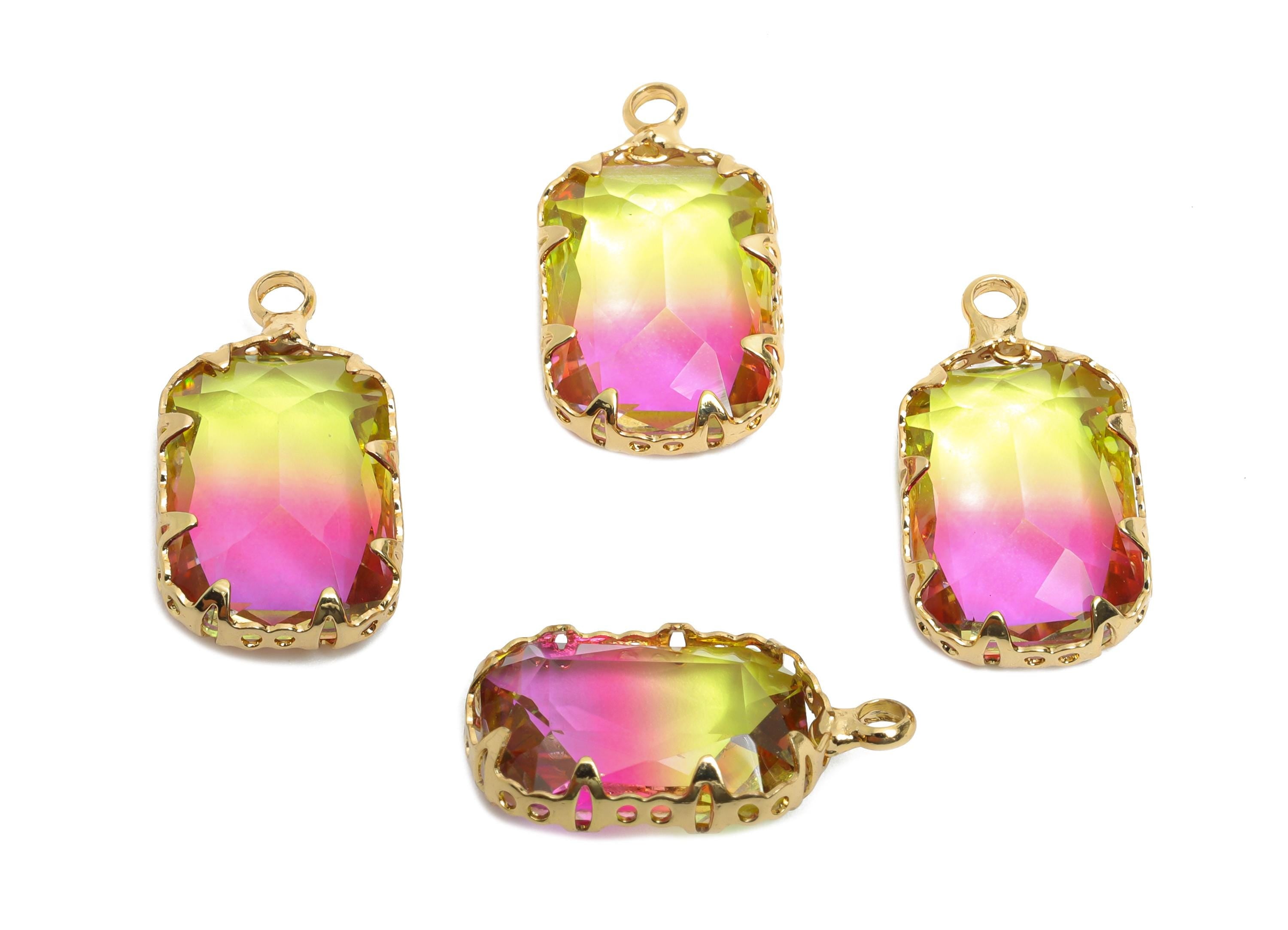 Faceted Rectangle Crystal Charms - Brass Rainbow Glass Pendant - Elegant Geometric Jewelry - KC Gold Tone Plated - 19x11x5.45mm - GS1235 - DOMEDBAZAAR