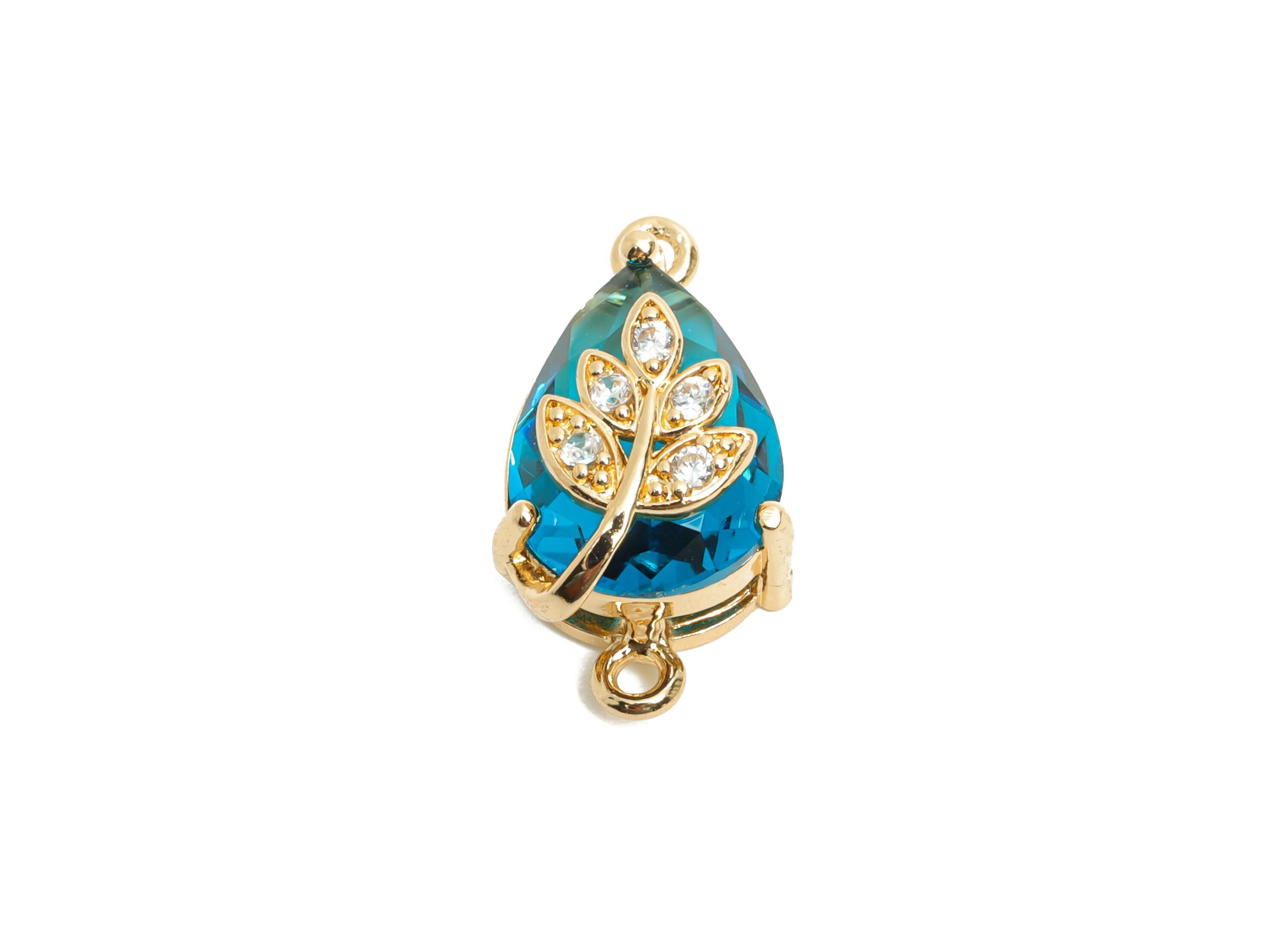 Teardrop Crystal Connector - Dainty Blue Glass with Leaf Charm - Artisan Crystal Jewelry - KC Gold Plated - 20x11x10.57mm - GS1278 - DOMEDBAZAAR