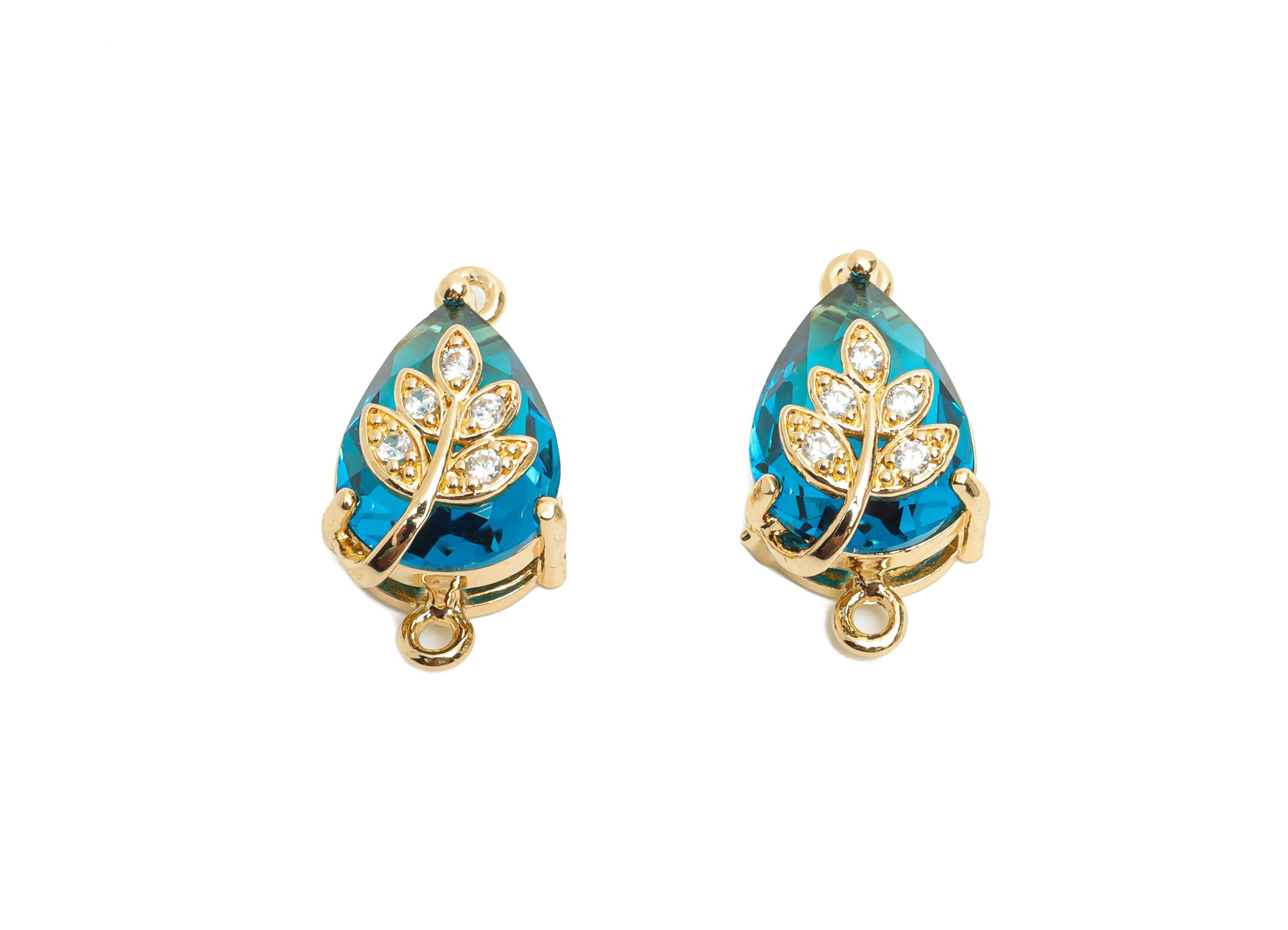 Teardrop Crystal Connector - Dainty Blue Glass with Leaf Charm - Artisan Crystal Jewelry - KC Gold Plated - 20x11x10.57mm - GS1278 - DOMEDBAZAAR