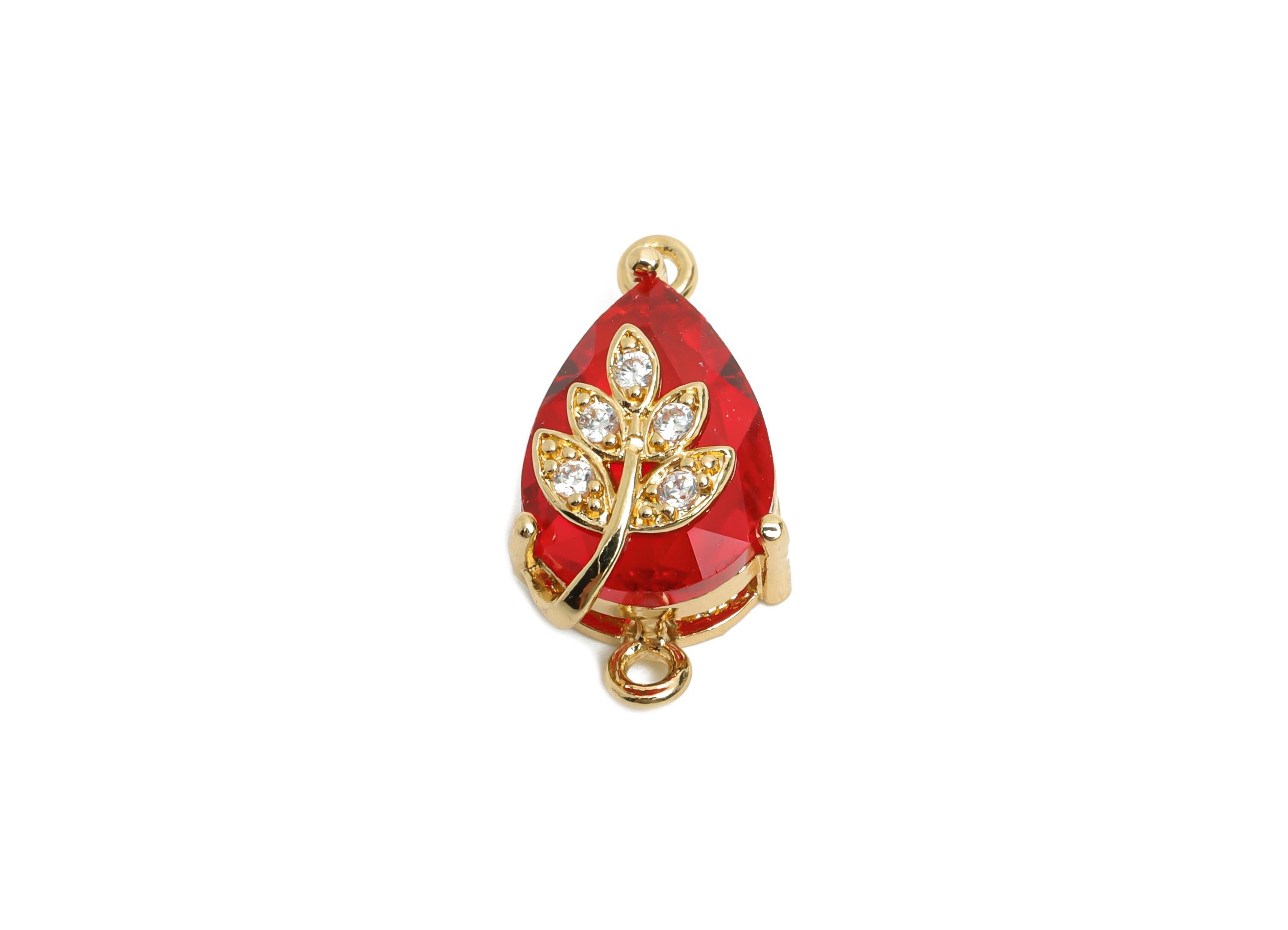 Teardrop Crystal Connector - Brass Dainty Red Glass with Leaf Charm - Artisan Crystal Jewelry - KC Gold Tone Plated - 20x11x10.57mm - GS1279 - DOMEDBAZAAR