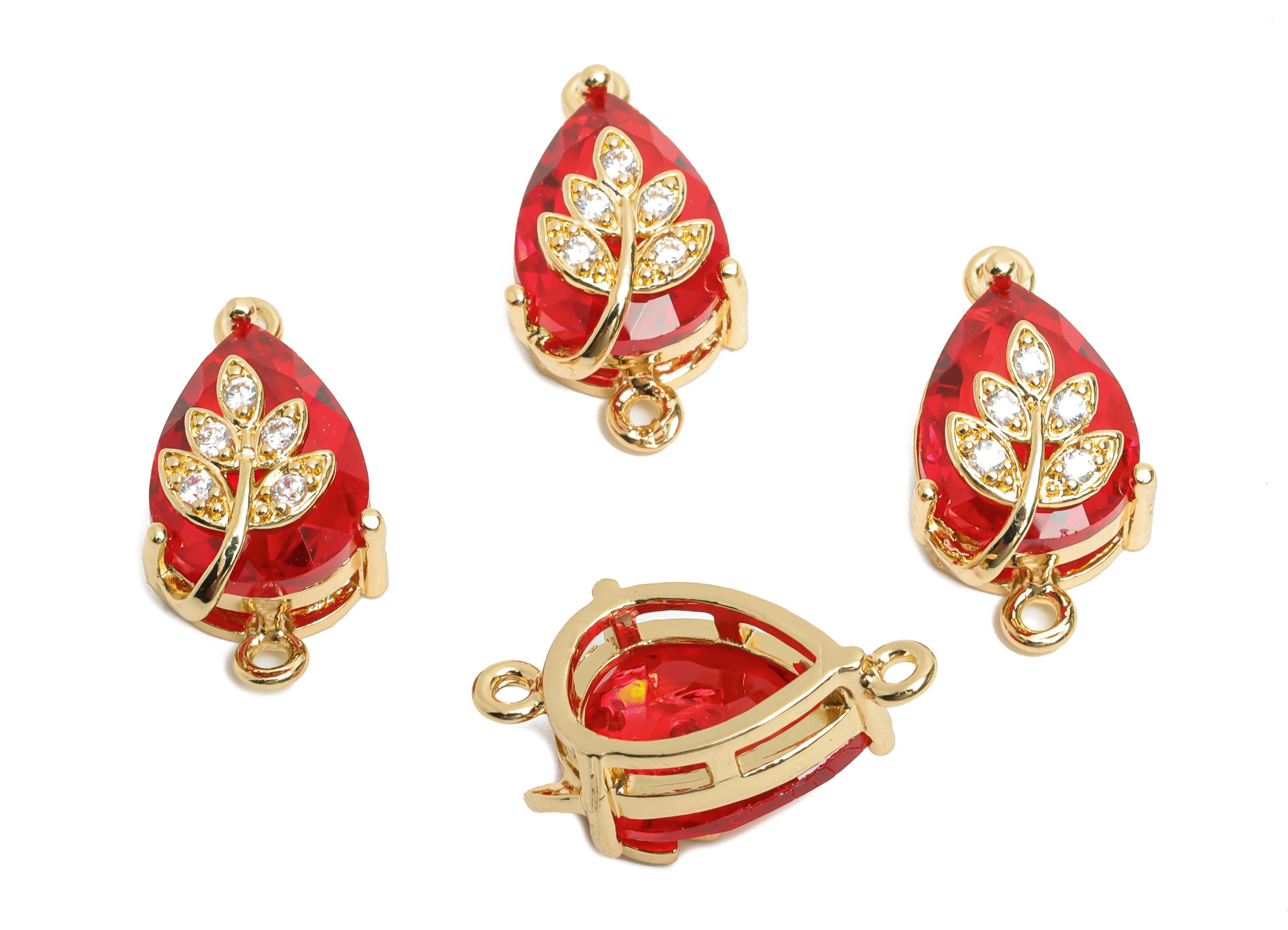 Teardrop Crystal Connector - Brass Dainty Red Glass with Leaf Charm - Artisan Crystal Jewelry - KC Gold Tone Plated - 20x11x10.57mm - GS1279 - DOMEDBAZAAR