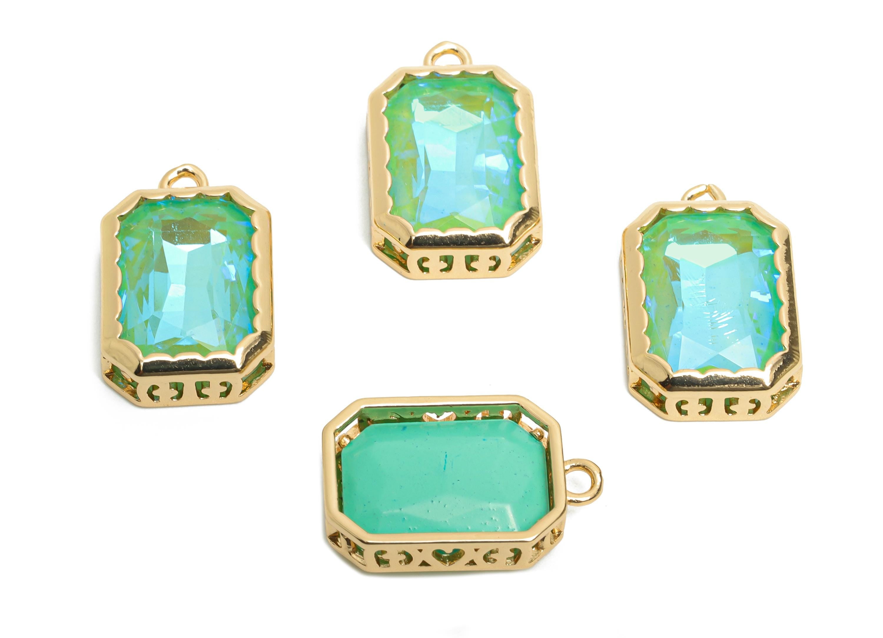 Faceted Rectangle Crystal Charms - Brass Ornate Glass Pendant - Elegant Geometric Jewelry - KC Gold Tone Plated - 18.87x12.14x5mm - GS1168 - DOMEDBAZAAR