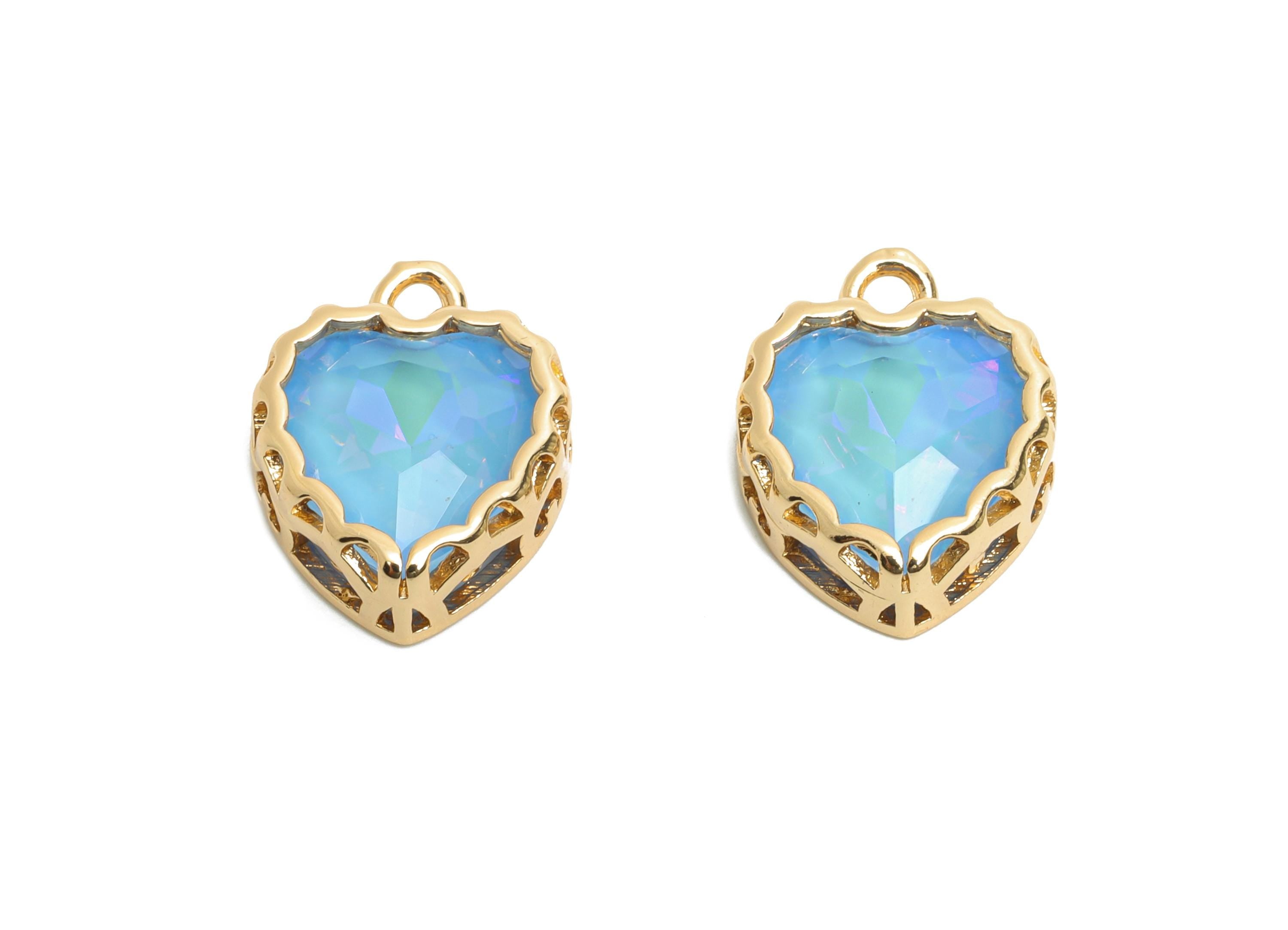 Brass Heart Crystal Charms - Elegant Blue Crystal Necklace Pendant - Shimmering Jewelry DIY - KC Gold Tone Plated - 14.4x12x5.16mm - GS1185 - DOMEDBAZAAR