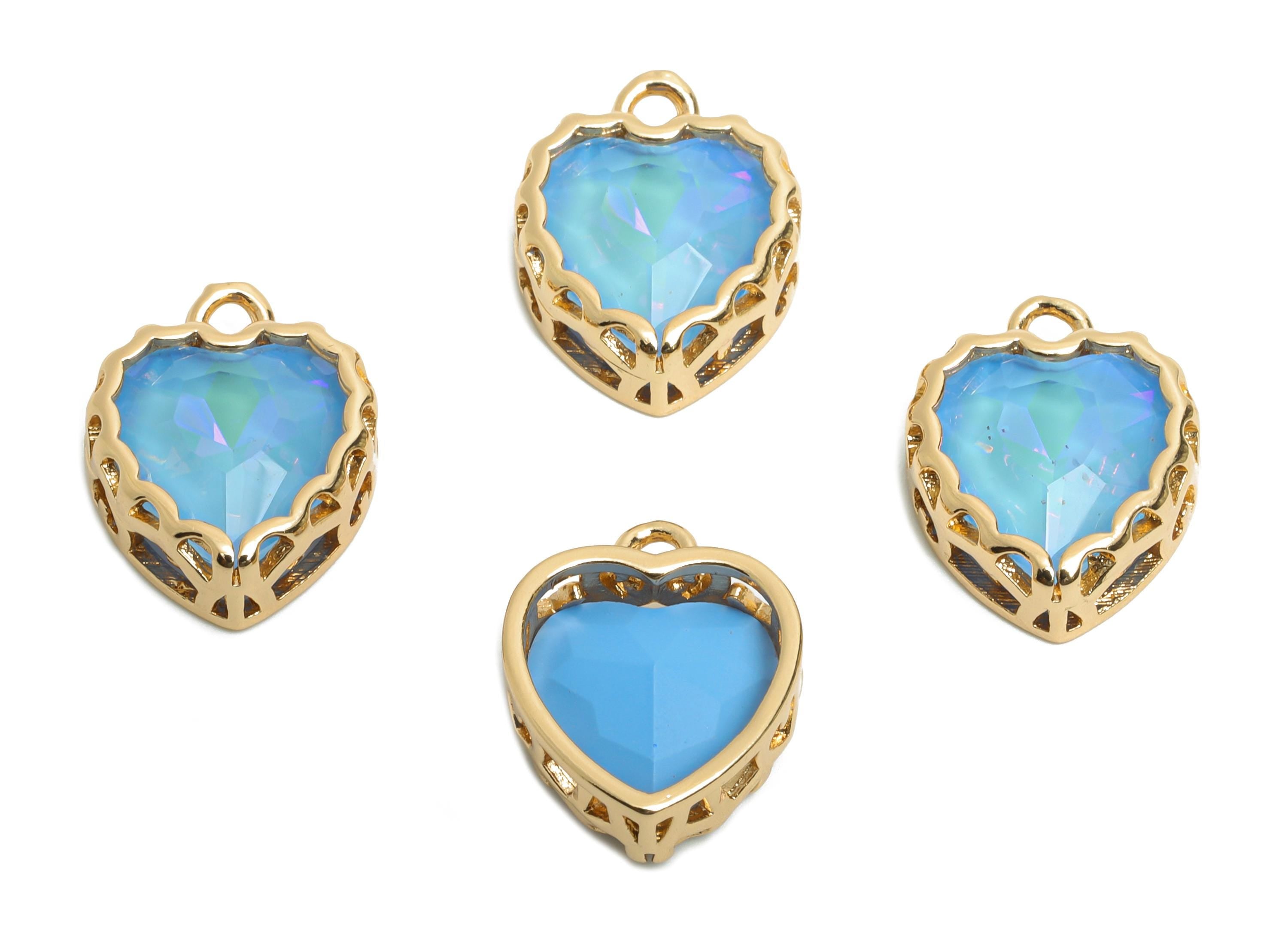 Brass Heart Crystal Charms - Elegant Blue Crystal Necklace Pendant - Shimmering Jewelry DIY - KC Gold Tone Plated - 14.4x12x5.16mm - GS1185 - DOMEDBAZAAR