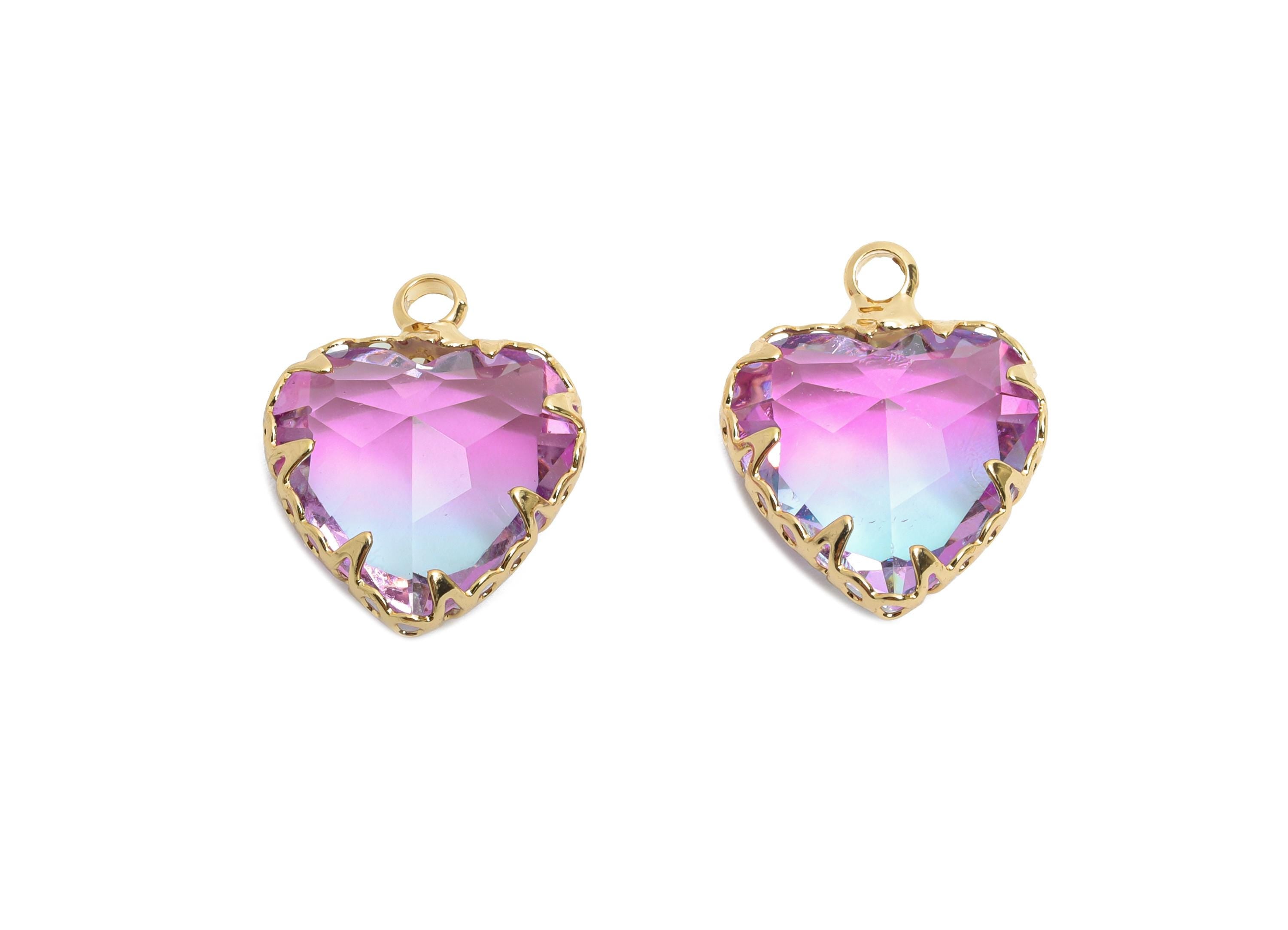 Heart Crystal Bracelet Charm - Luxury Faceted Crystal Pendant - Romantic Heart Jewelry Component - KC Gold Plated Brass - 15x12x5mm - GS1214 - DOMEDBAZAAR