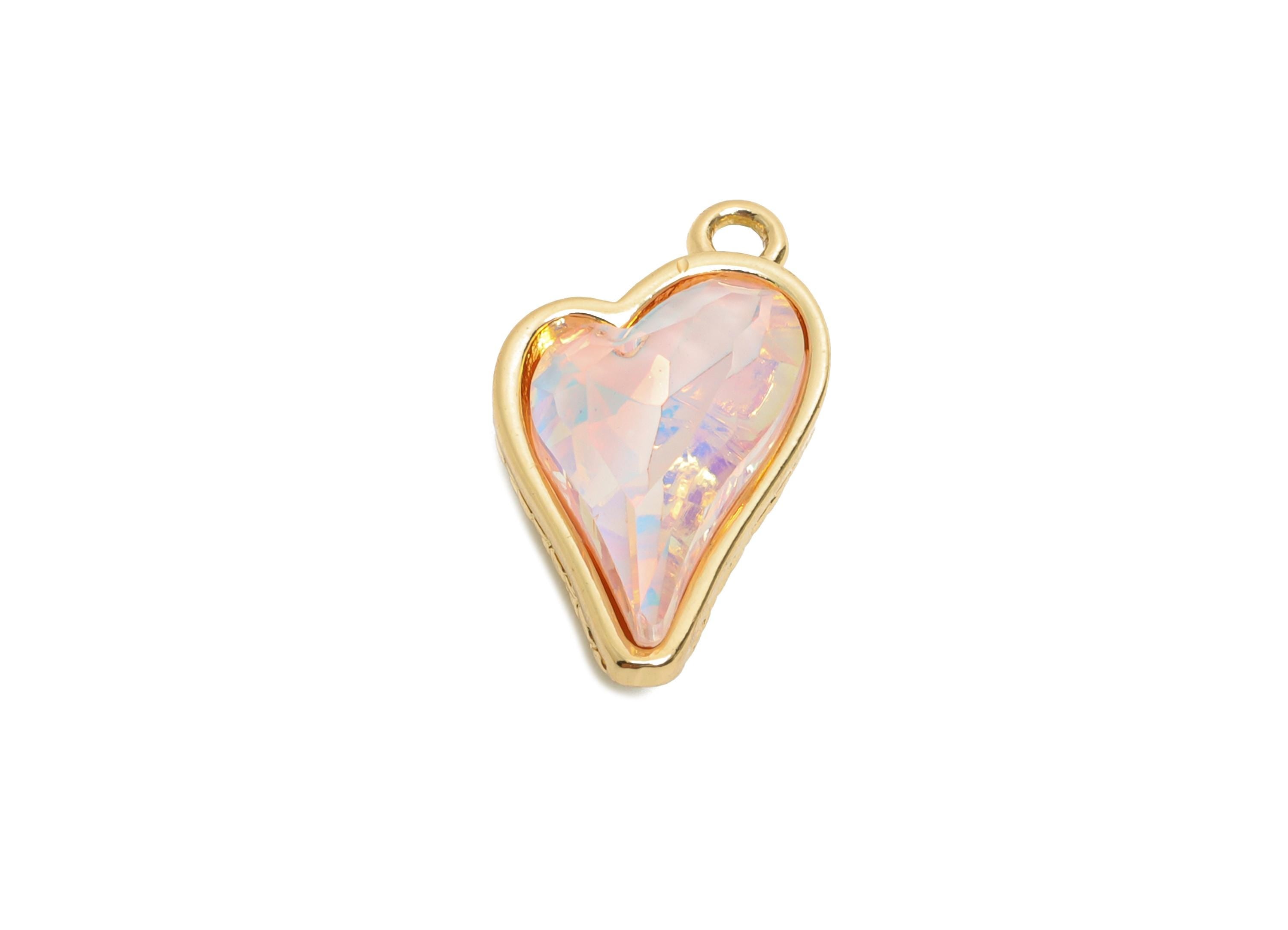 Heart Crystal Bracelet Charms - Brass Pink Crystal Dual-Sided Pendant - Unique Jewelry Component - KC Gold Tone Plated - 19x10x5mm - GS1175 - DOMEDBAZAAR