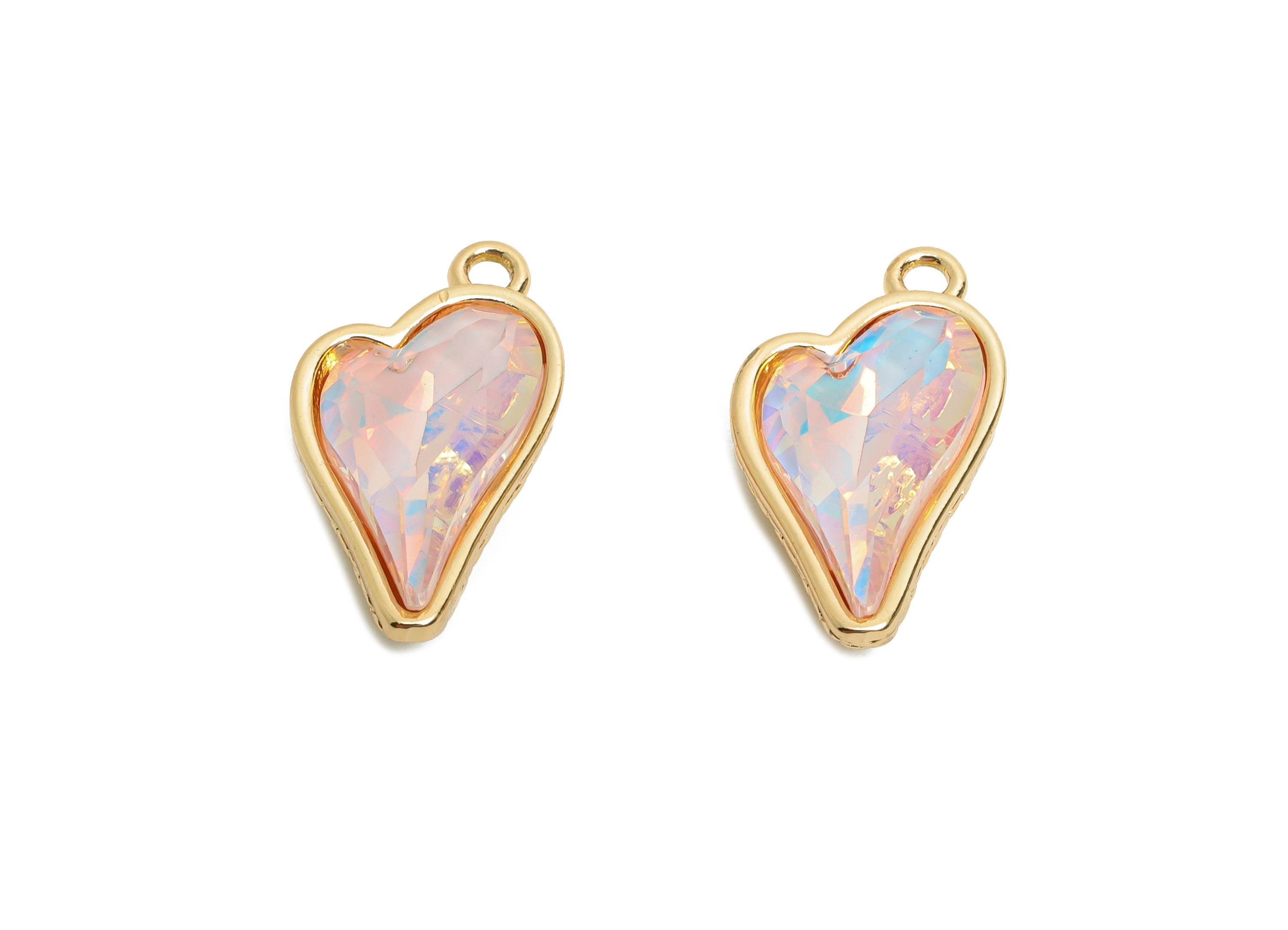 Heart Crystal Bracelet Charms - Brass Pink Crystal Dual-Sided Pendant - Unique Jewelry Component - KC Gold Tone Plated - 19x10x5mm - GS1175 - DOMEDBAZAAR