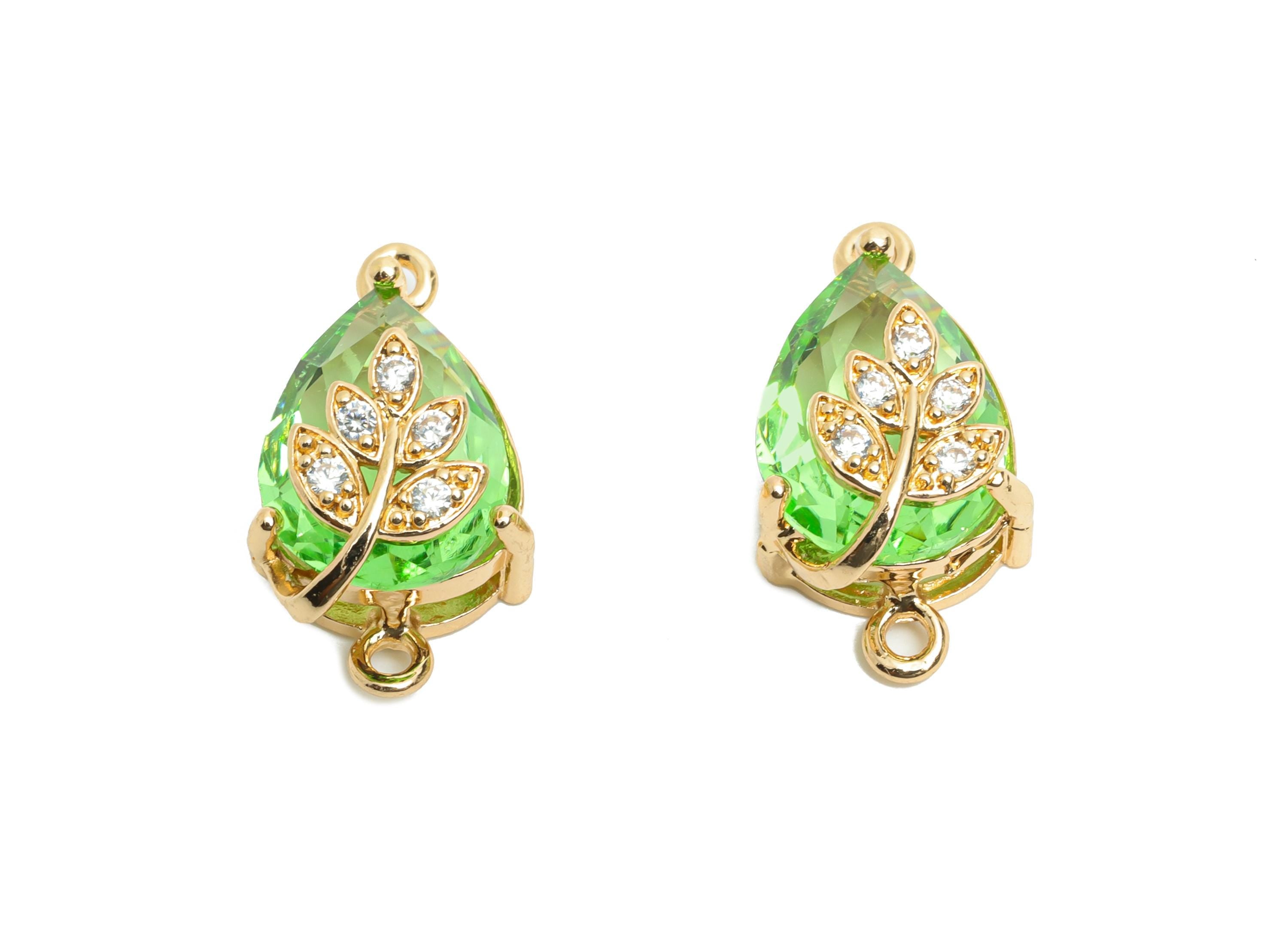 Brass Teardrop Crystal Connector - Dainty Green Glass with Leaf Charm - Artisan Crystal Jewelry - KC Gold Plated - 20x11x10.57mm - GS1281 - DOMEDBAZAAR