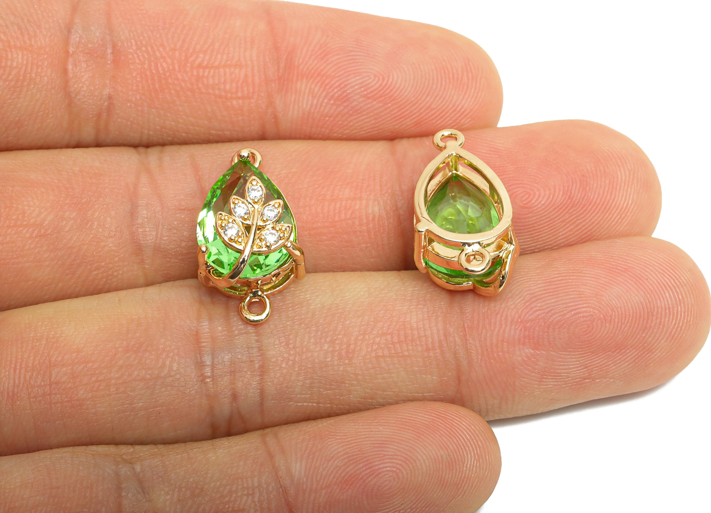 Brass Teardrop Crystal Connector - Dainty Green Glass with Leaf Charm - Artisan Crystal Jewelry - KC Gold Plated - 20x11x10.57mm - GS1281 - DOMEDBAZAAR