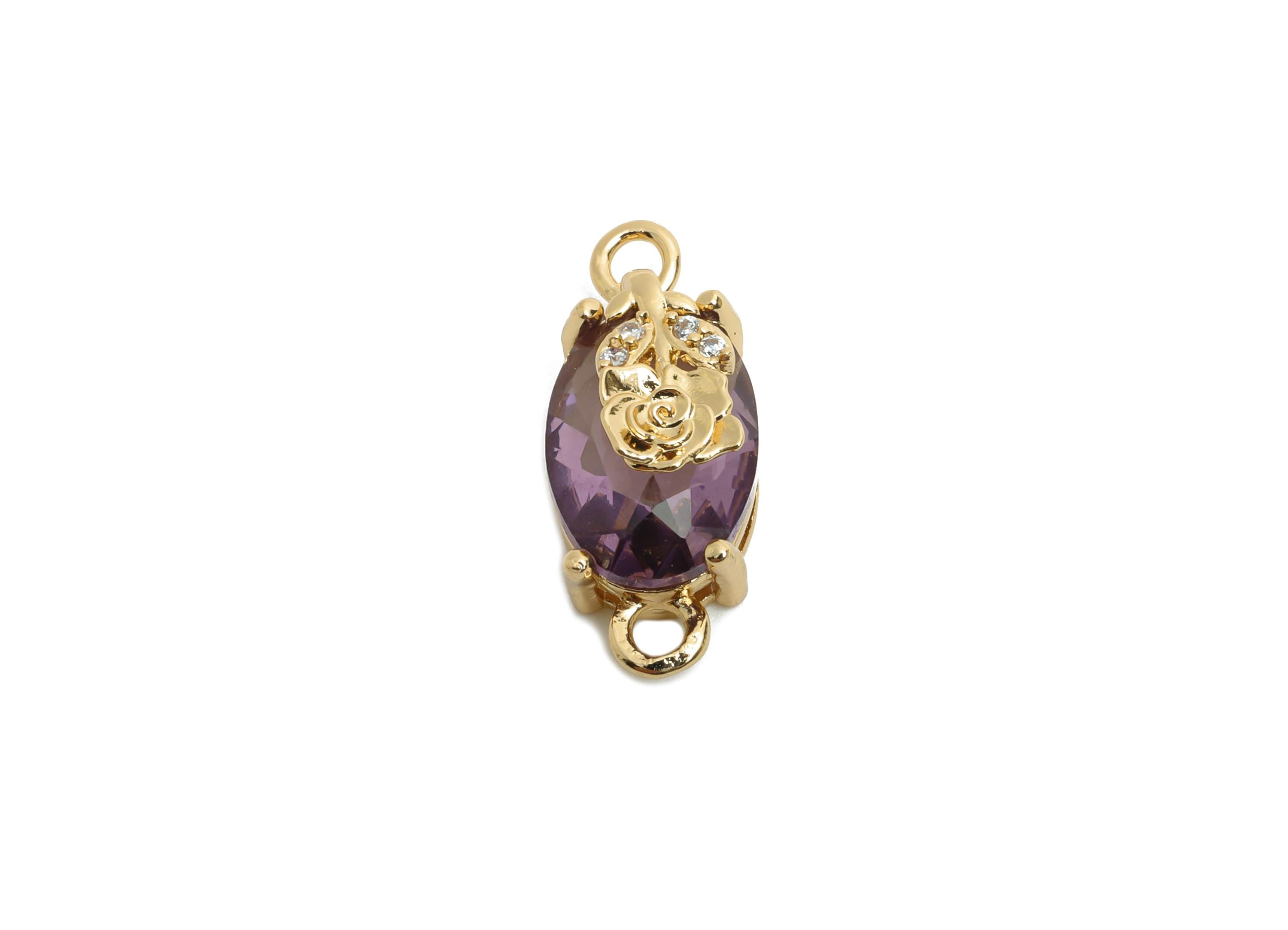 Oval Crystal Bracelet Connectors - Dainty Purple Glass Zircon Flower Charms - Jewelry Accessories - KC Gold Plated - 19x8x6.52mm - GS1298 - DOMEDBAZAAR