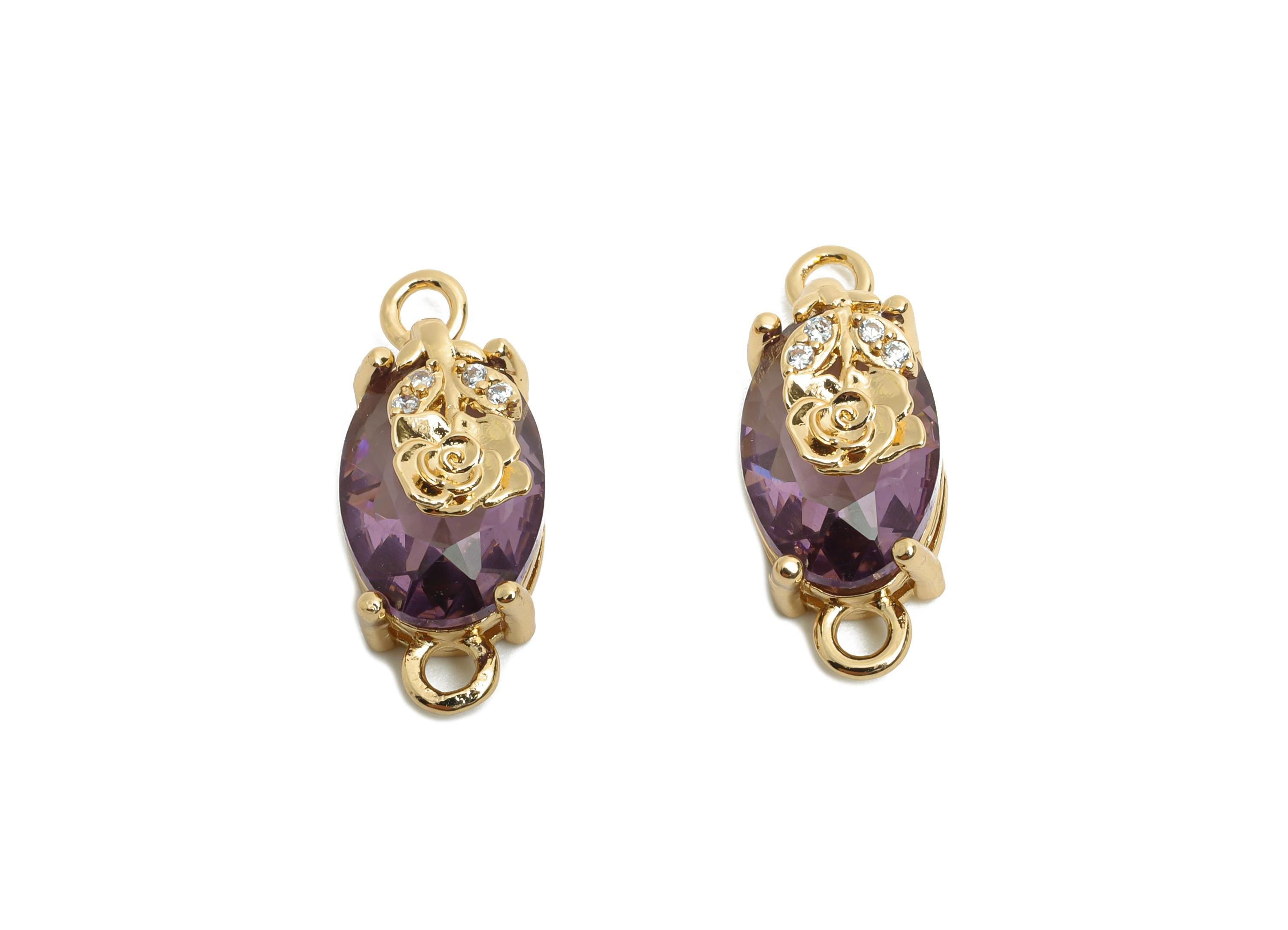 Oval Crystal Bracelet Connectors - Dainty Purple Glass Zircon Flower Charms - Jewelry Accessories - KC Gold Plated - 19x8x6.52mm - GS1298 - DOMEDBAZAAR