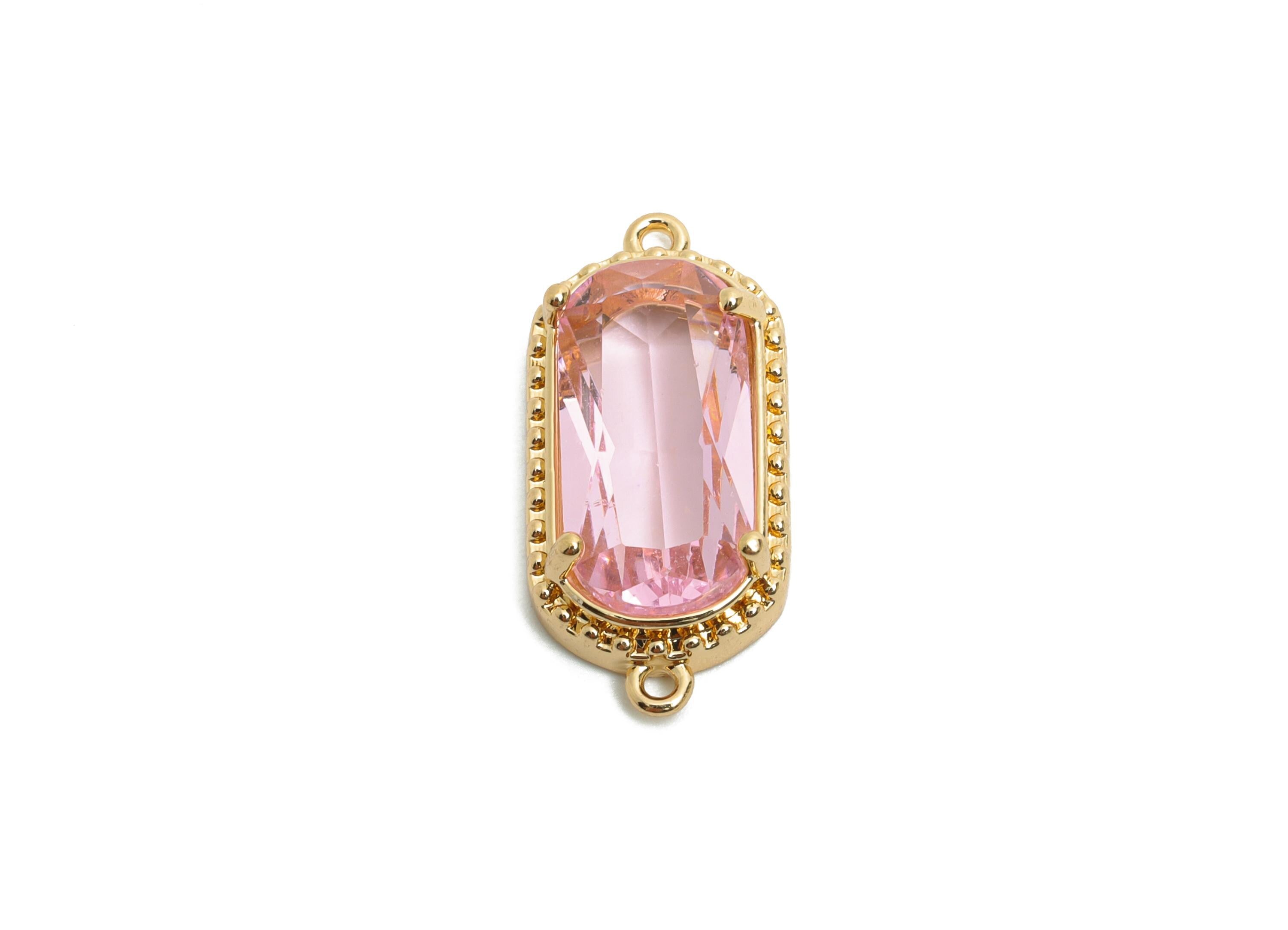 Brass Crystal Connector - Dainty Pink Frame Pendant - Modern Oval Rectangular Stone Bracelet - KC Gold Tone Plated - 20x9x4mm - GS1301 - DOMEDBAZAAR