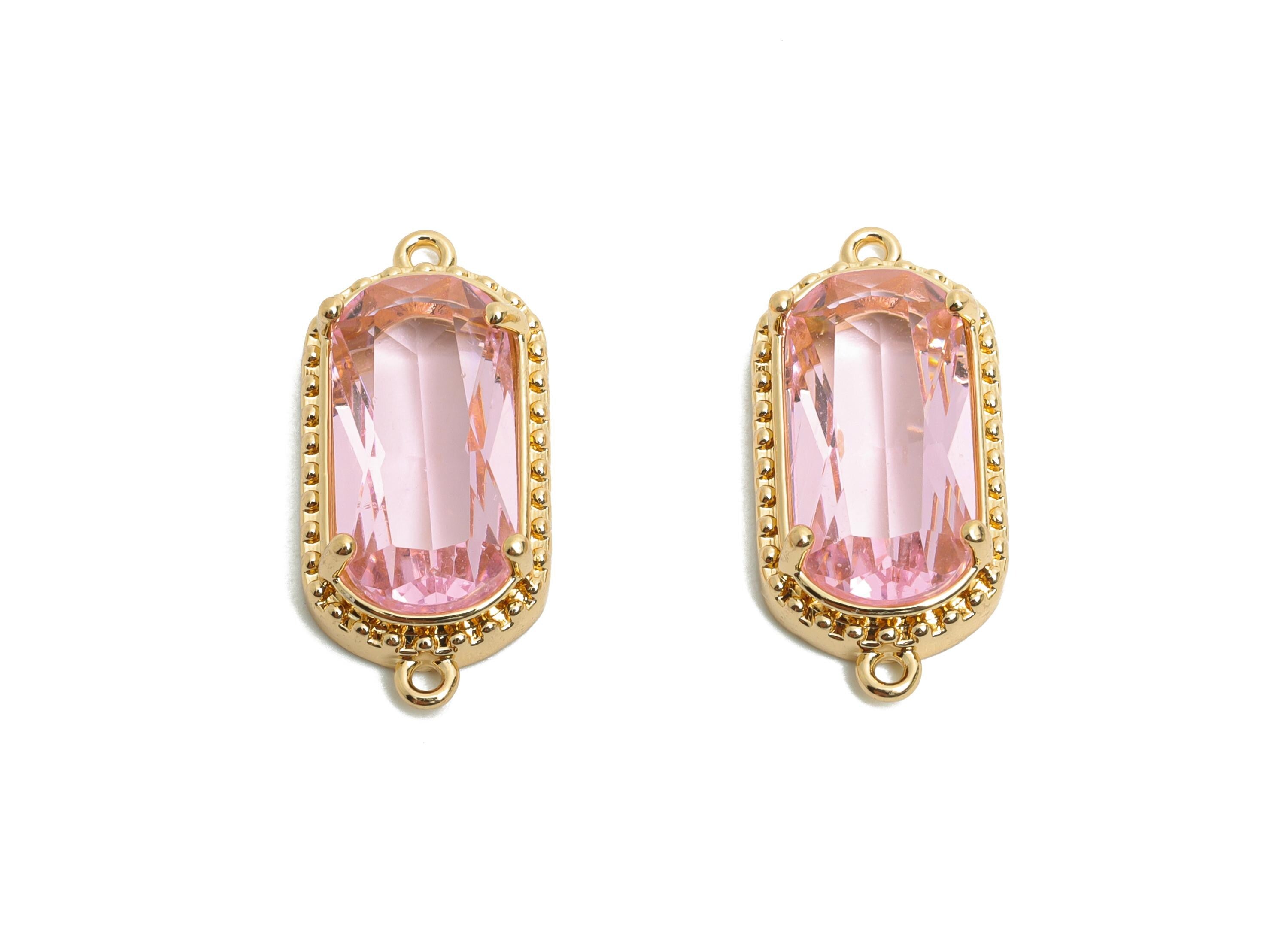Brass Crystal Connector - Dainty Pink Frame Pendant - Modern Oval Rectangular Stone Bracelet - KC Gold Tone Plated - 20x9x4mm - GS1301 - DOMEDBAZAAR