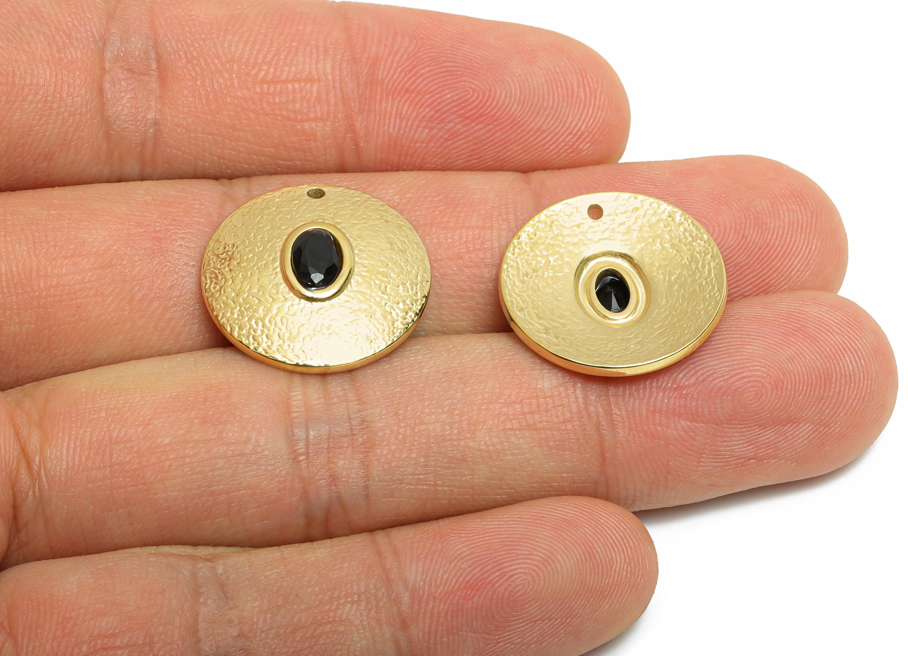 Steel CZ Round Pendant - Vintage Oval Deep Blue Charm - Textured Pendant With Cubic Zircon - 14K Real Gold - 19x19x4mm -SS1681 - DOMEDBAZAAR