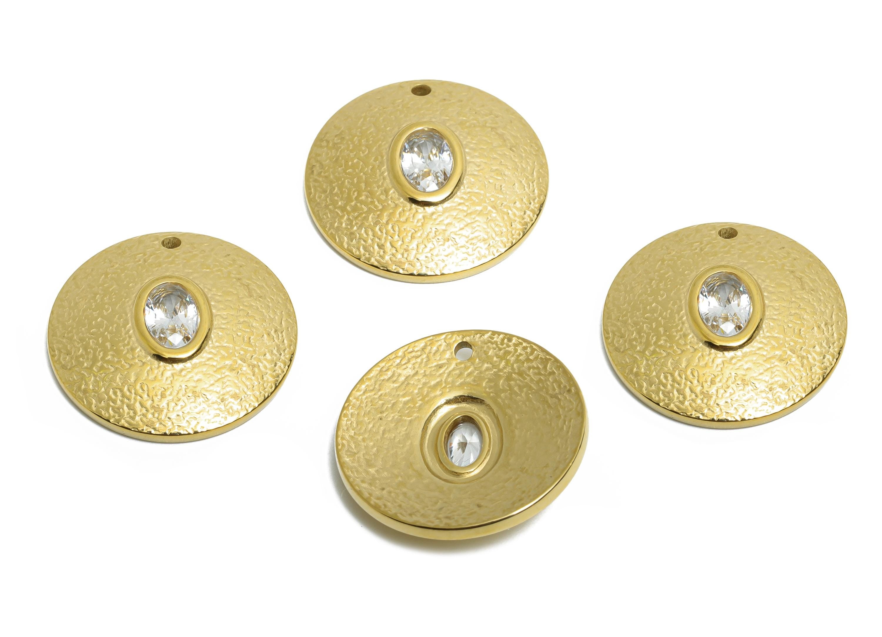 Steel CZ Textured Round Pendant - Vintage Oval Cubic Zircon Charm - Sparking Textured  Necklace Charm  - 14K Real Gold - 19x19x4mm - SS1674 - DOMEDBAZAAR