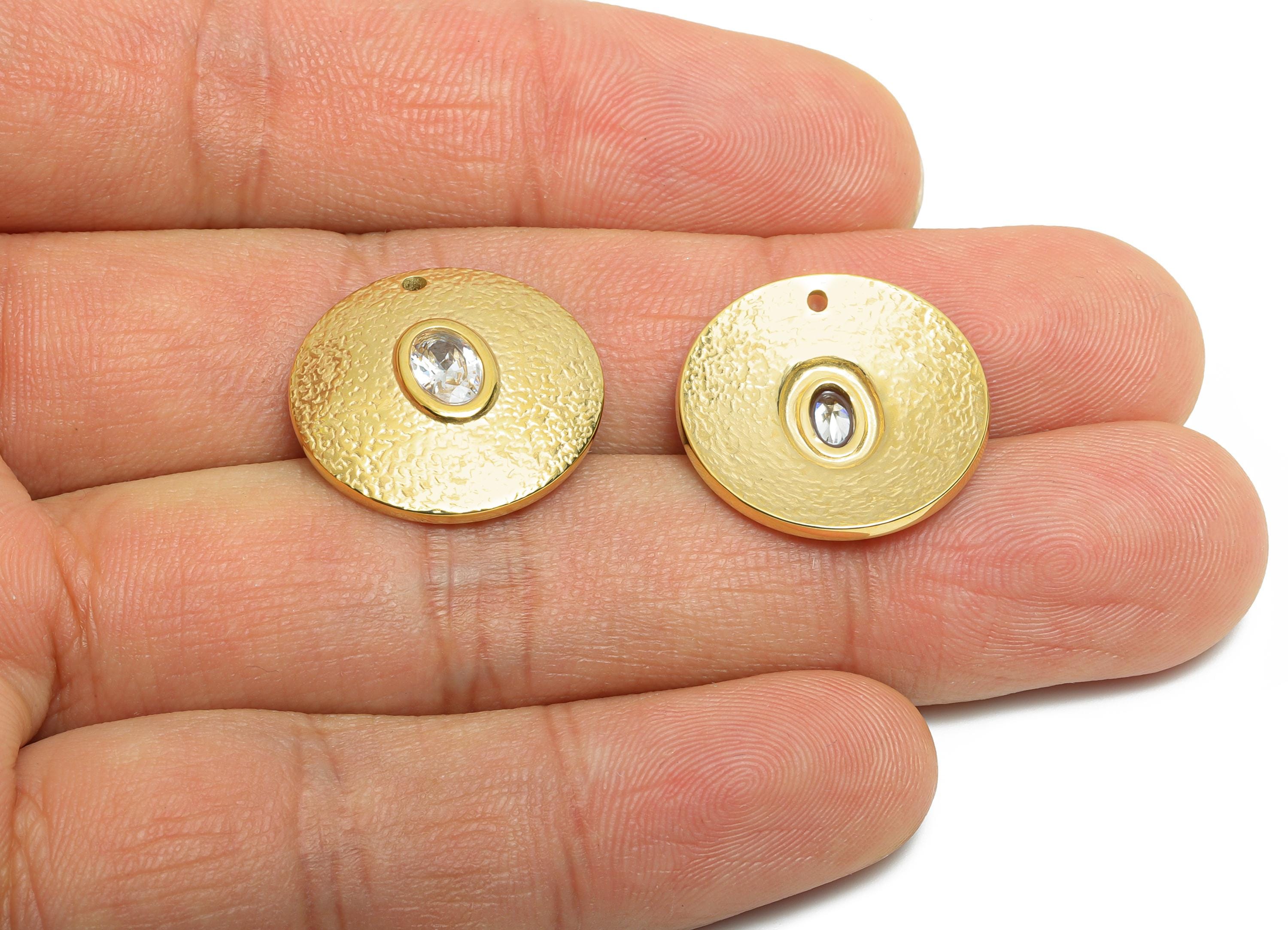 Steel CZ Textured Round Pendant - Vintage Oval Cubic Zircon Charm - Sparking Textured  Necklace Charm  - 14K Real Gold - 19x19x4mm - SS1674 - DOMEDBAZAAR