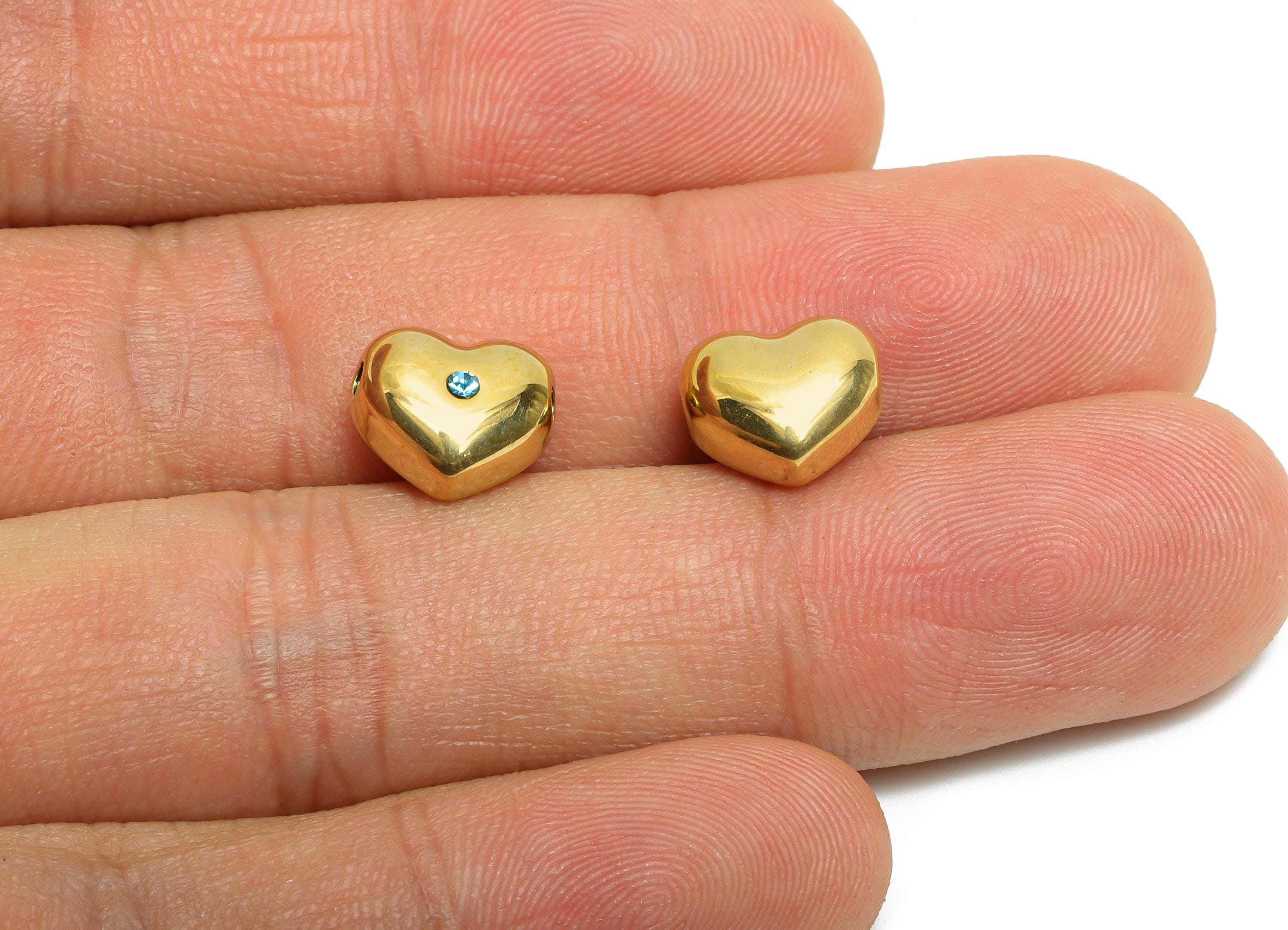 Shiny Gold CZ Heart Bead - Beads With Sparkling Blue Crystals - Sparking Heart Cubic Zircon Bead  - 14K Real Gold - 10x8x6mm - SS1678 - DOMEDBAZAAR