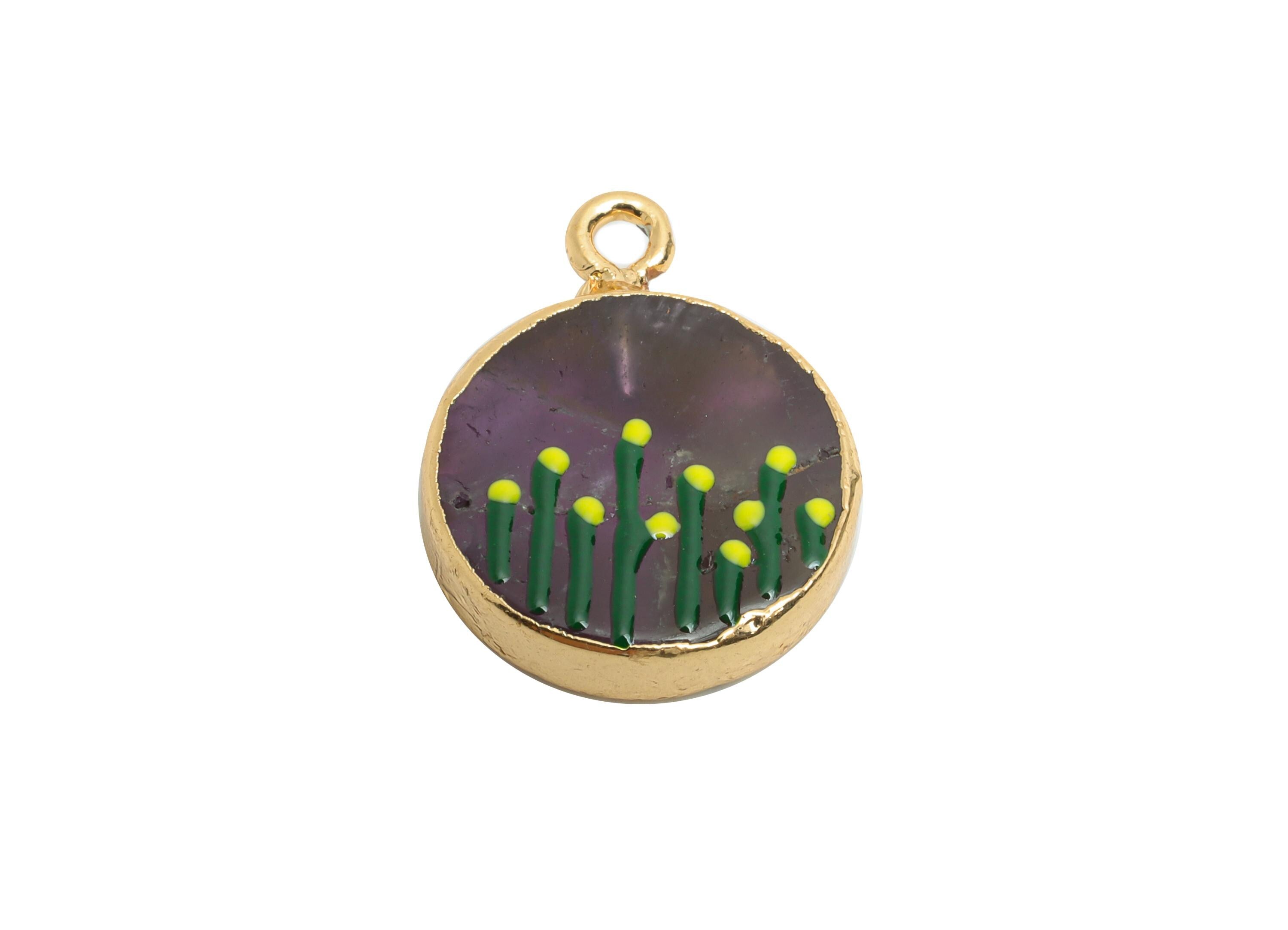 Amethyst Earring Charm - Brass Handmade Gold Foral With Enamel Pendant - Botanical Theme - KC Gold Plating - 19x15x3mm - NS2883F - DOMEDBAZAAR