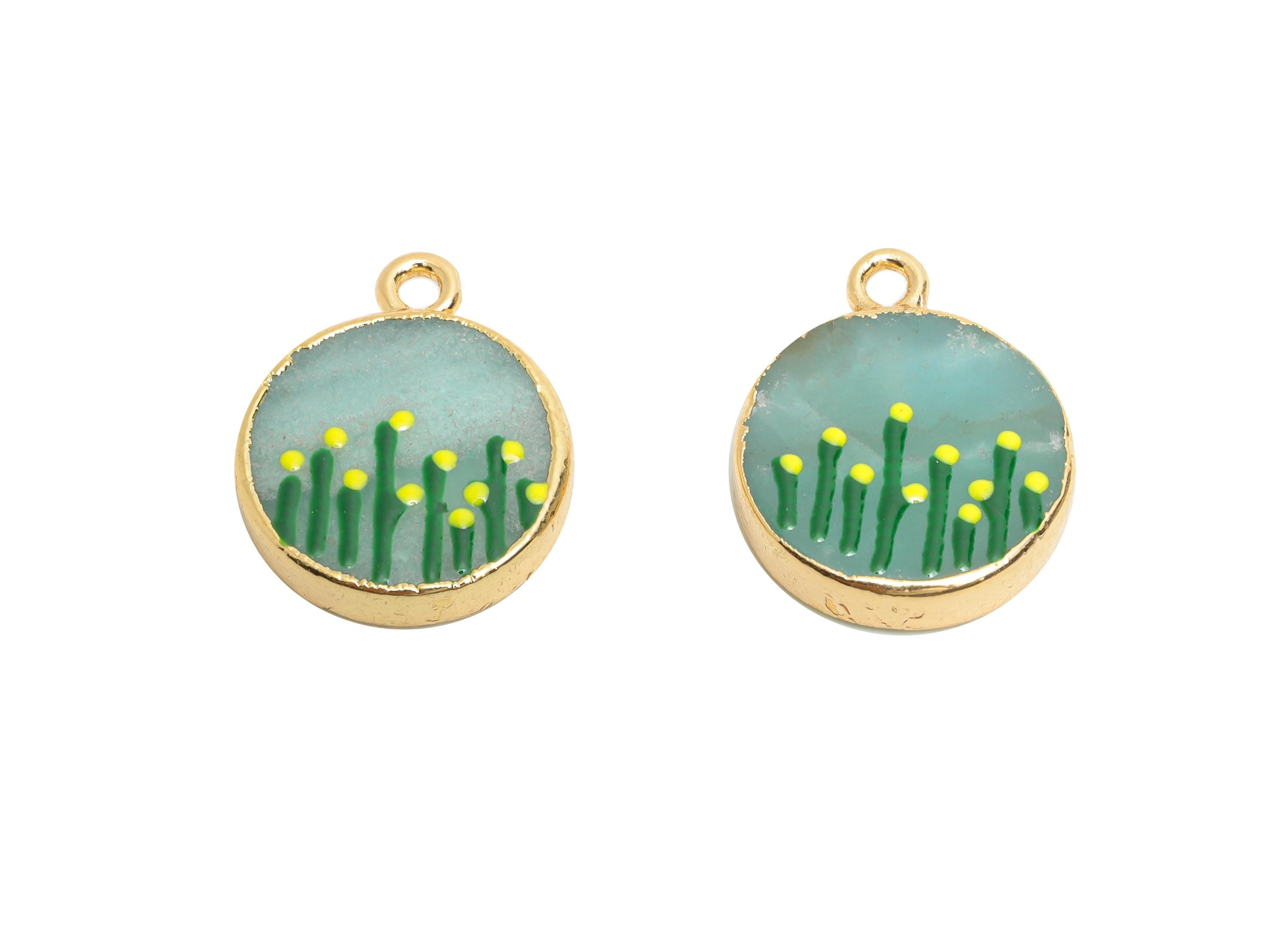 Amazonite Earring Charm - Brass Handmade Gold Foral With Enamel Pendant - Brass Botanical Theme - KC Gold Plating - 19x15x3mm - NS2883A - DOMEDBAZAAR