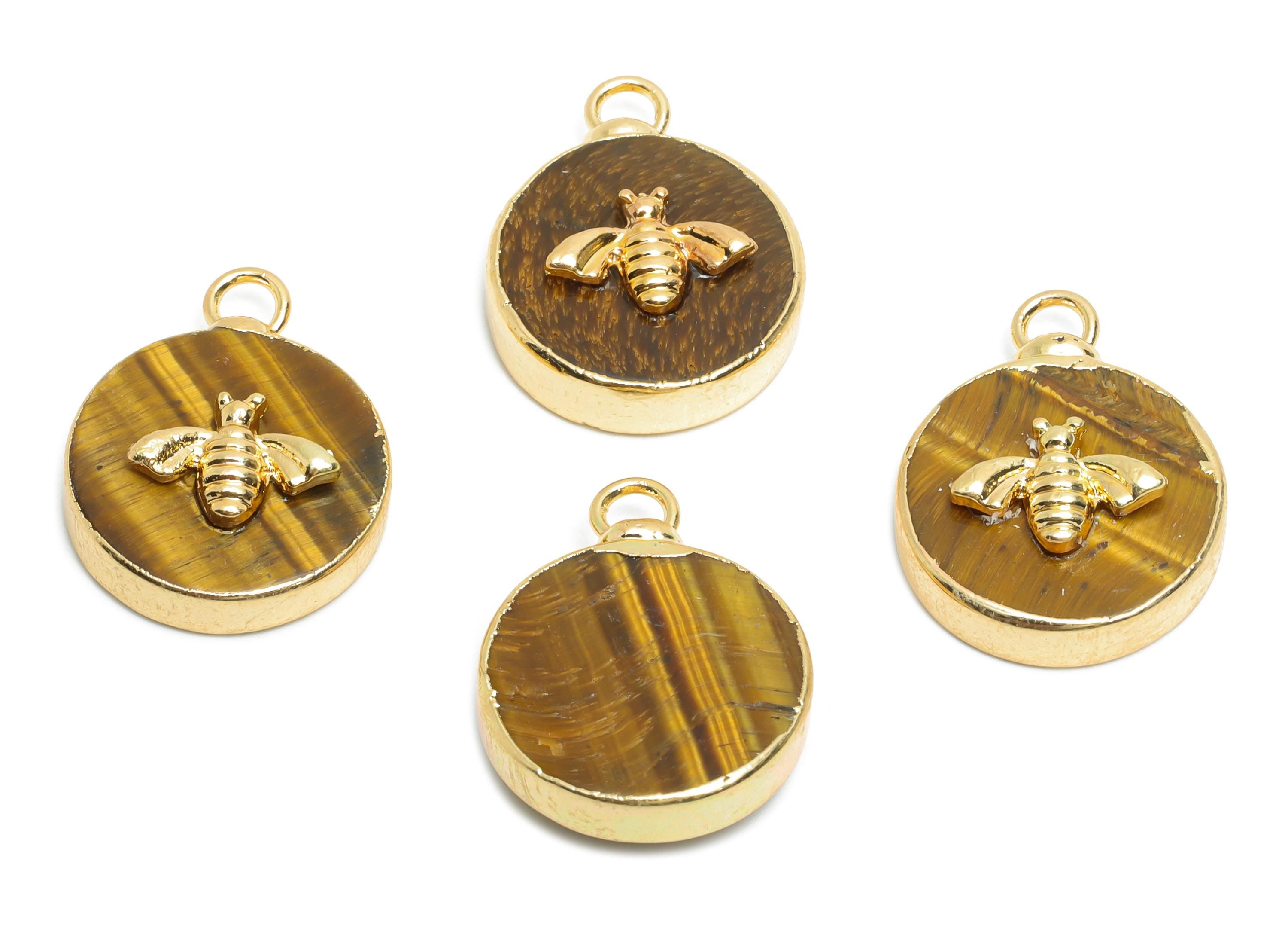 Tigereye Stone Bee Pendant - Brass Elegant Bee Charm For Necklace - Round Bee Gold Frame Pendant - KC Gold Plating - 19x15x5mm - NS2881D - DOMEDBAZAAR