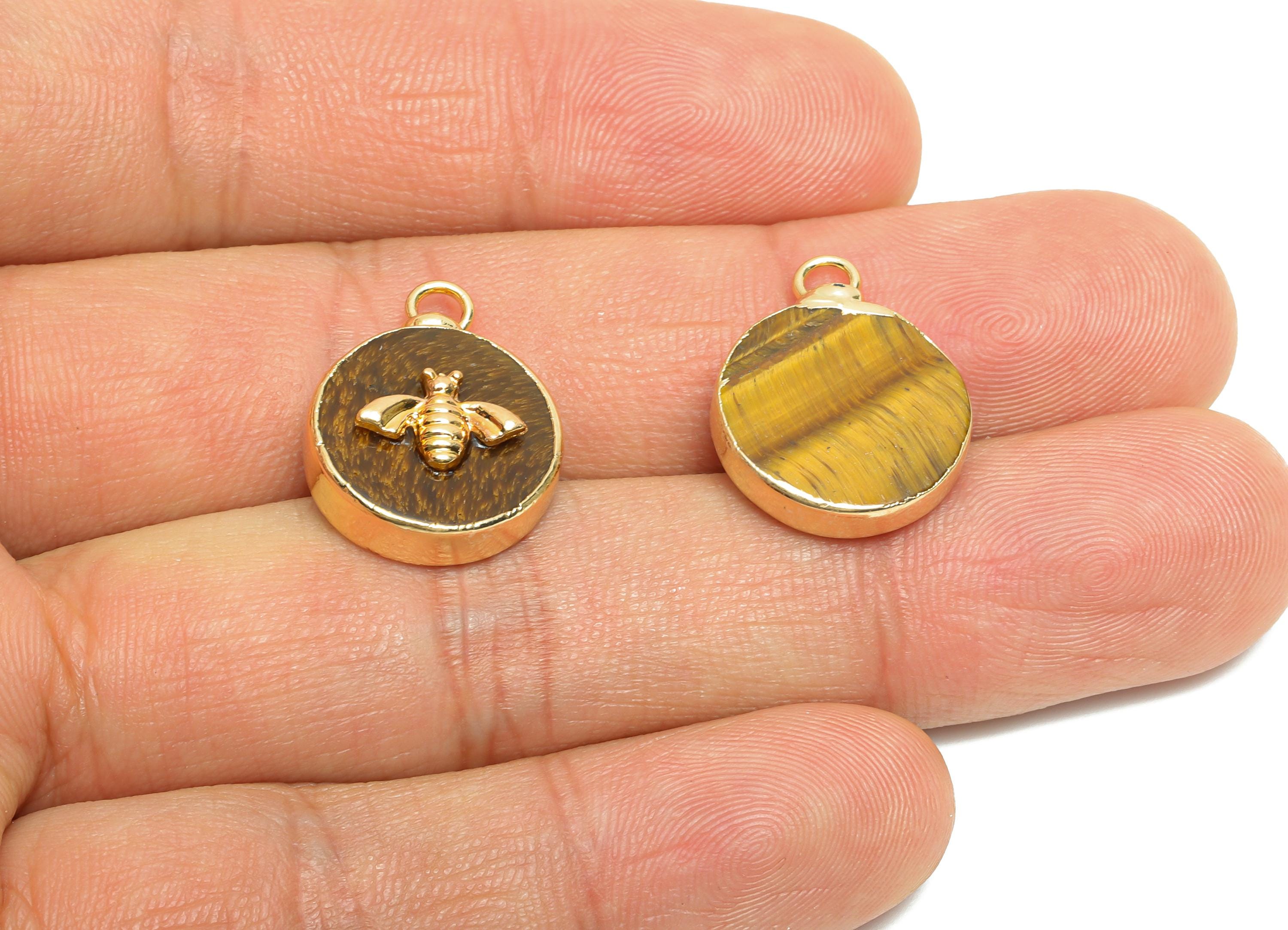 Tigereye Stone Bee Pendant - Brass Elegant Bee Charm For Necklace - Round Bee Gold Frame Pendant - KC Gold Plating - 19x15x5mm - NS2881D - DOMEDBAZAAR