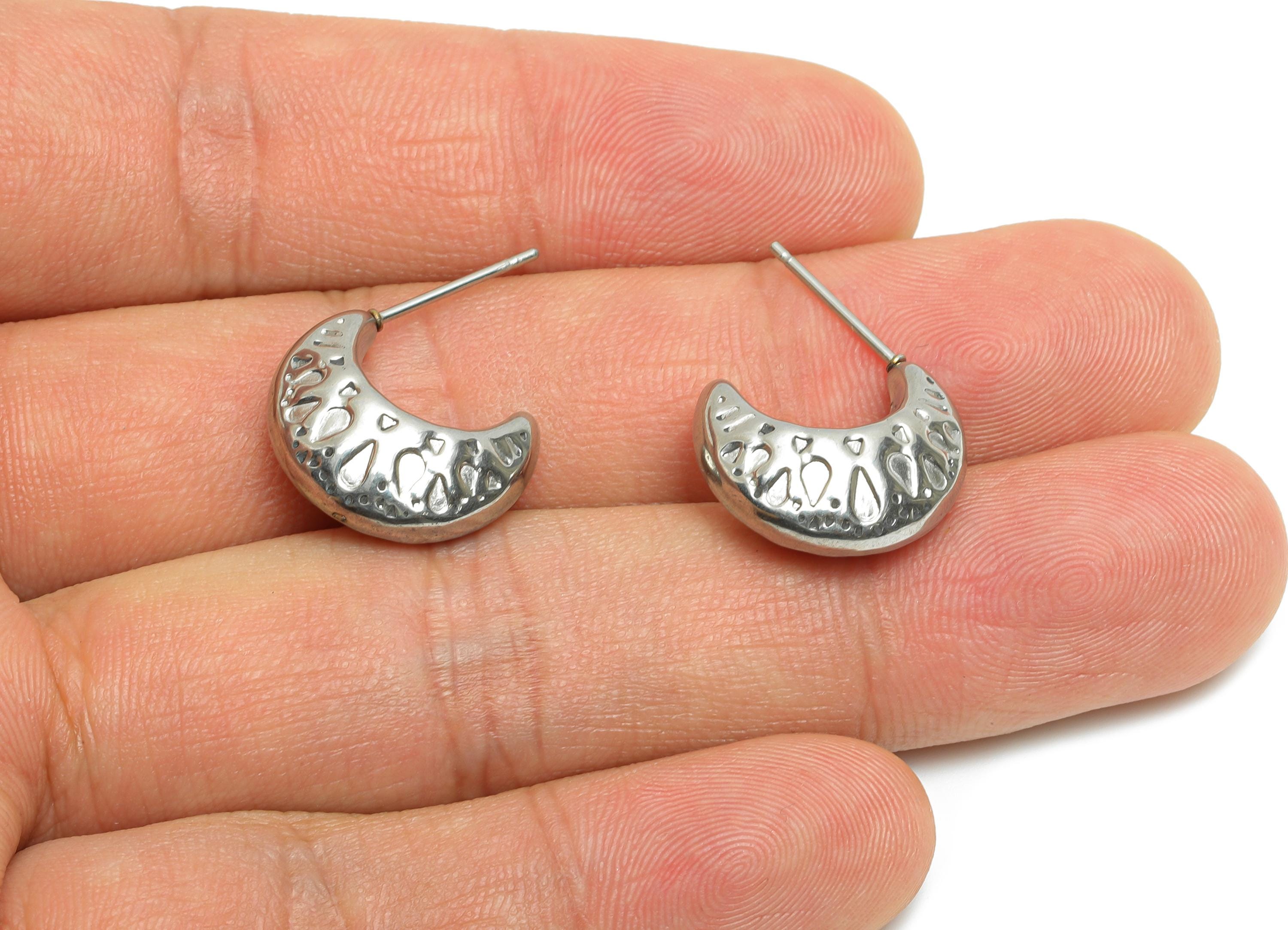 Steel Crescent Hoop Earring Studs - Hammered Silver Crescent Earring Post - Textured Open C Studs - Earring Finding - 17x14x7.7mm - SS1710 - DOMEDBAZAAR