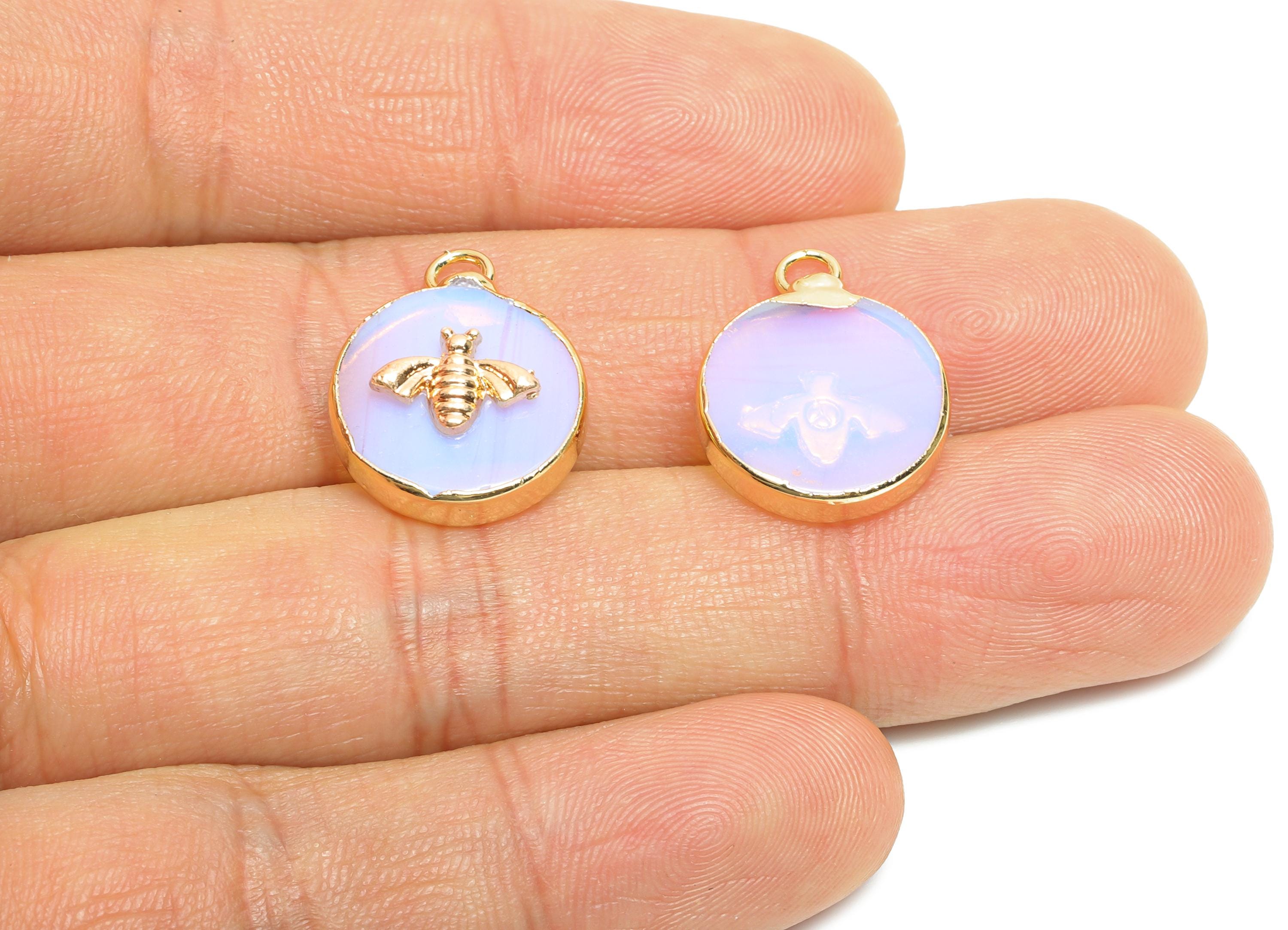 Opal Bee Pendant - Brass Elegant Bee Charm For Necklace - Round Bee Gold Frame Pendant - KC Gold Plating - 19x15x5.33mm - NS2881H - DOMEDBAZAAR