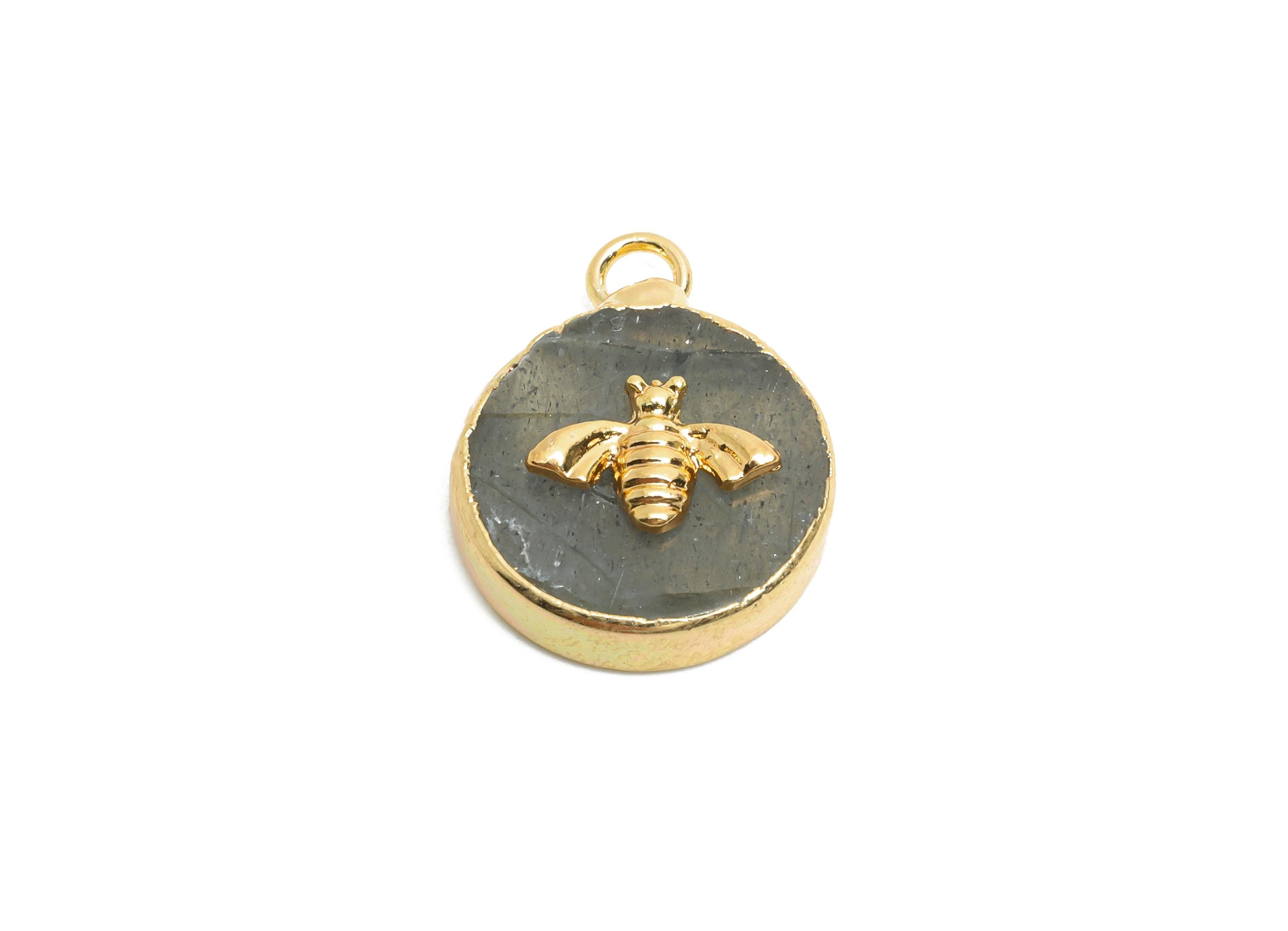 Flash Stone Bee Pendant - Brass Elegant Bee Charm For Necklace - Round Bee Gold Frame Pendant - KC Gold Plating - 19x15x5mm - NS2881C - DOMEDBAZAAR
